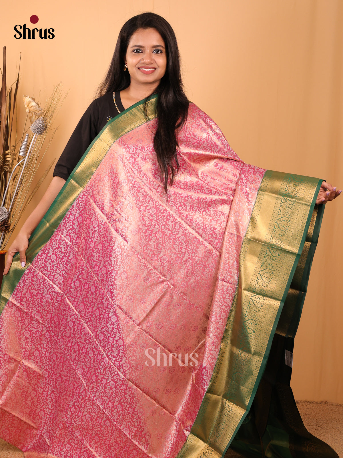 Pink & Green - Kanchipuram-halfpure Saree - Shop on Shrus.com