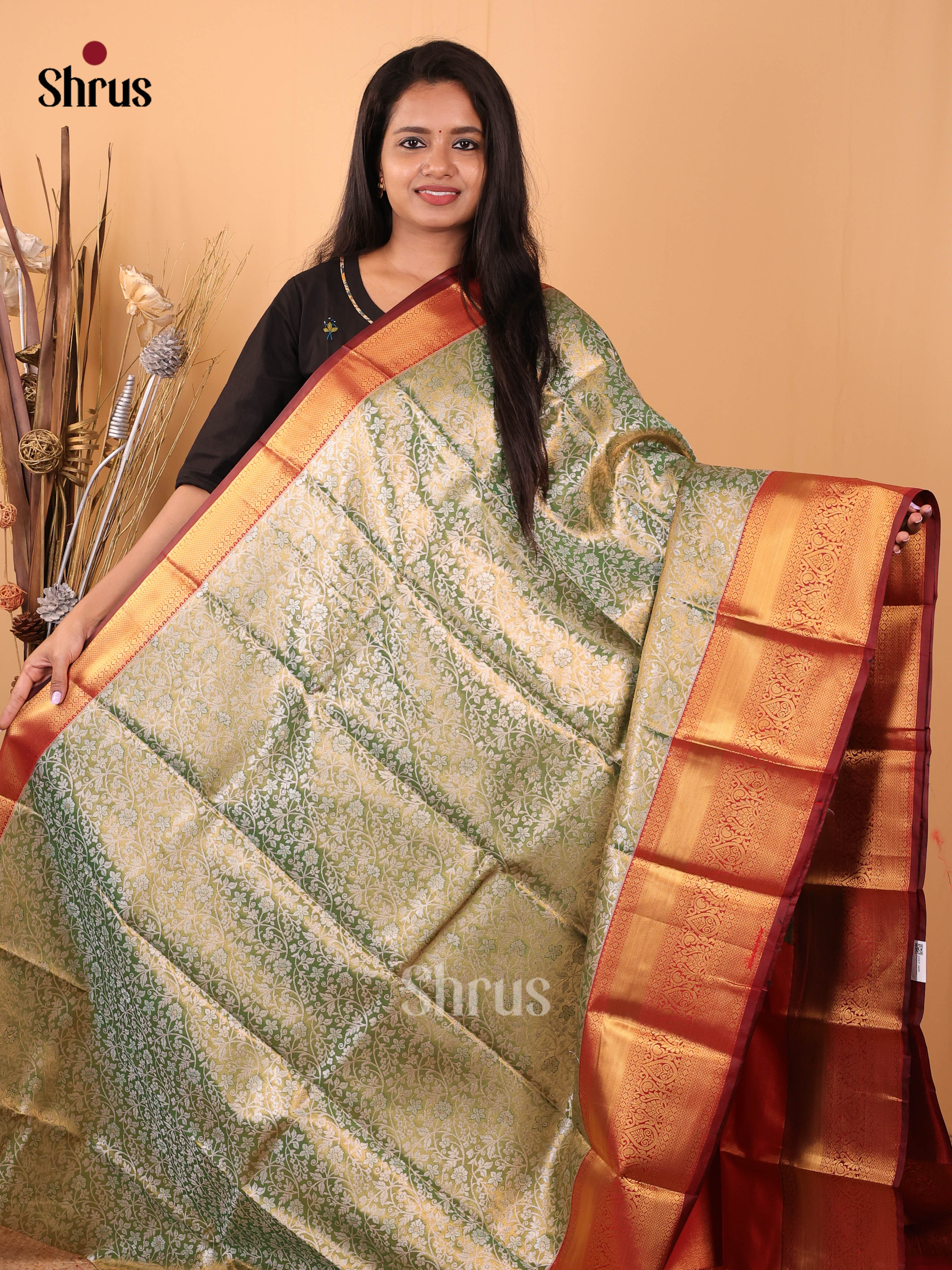 Green & Maroon - Kanchipuram-halfpure Saree - Shop on Shrus.com