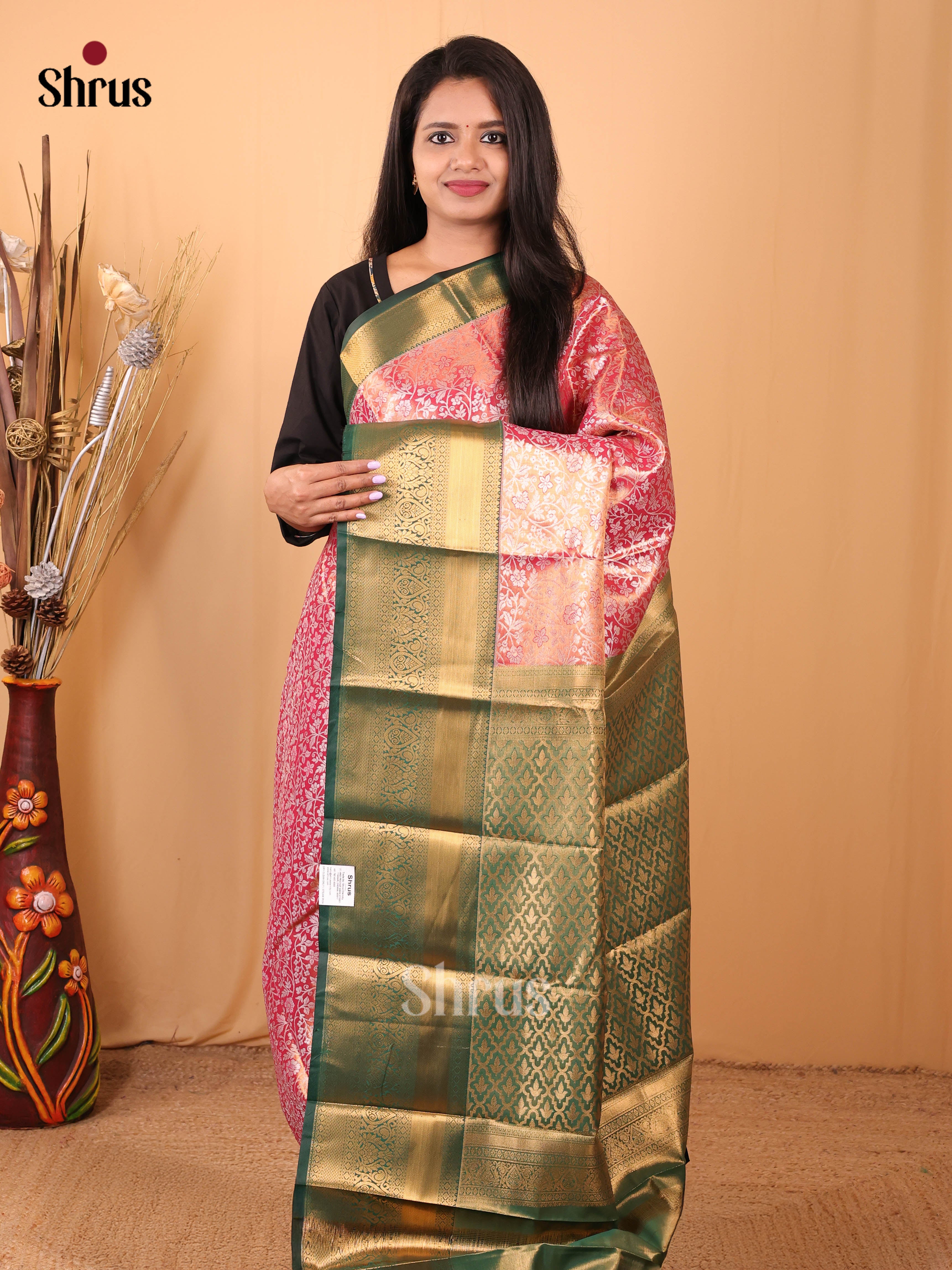 Pink & Green  - Kanchipuram-halfpure Saree - Shop on Shrus.com