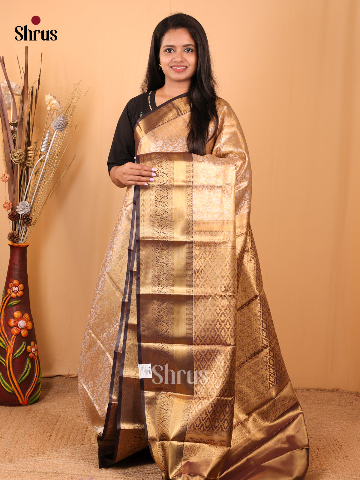 Peach & Brown - Kanchipuram-halfpure Saree - Shop on Shrus.com