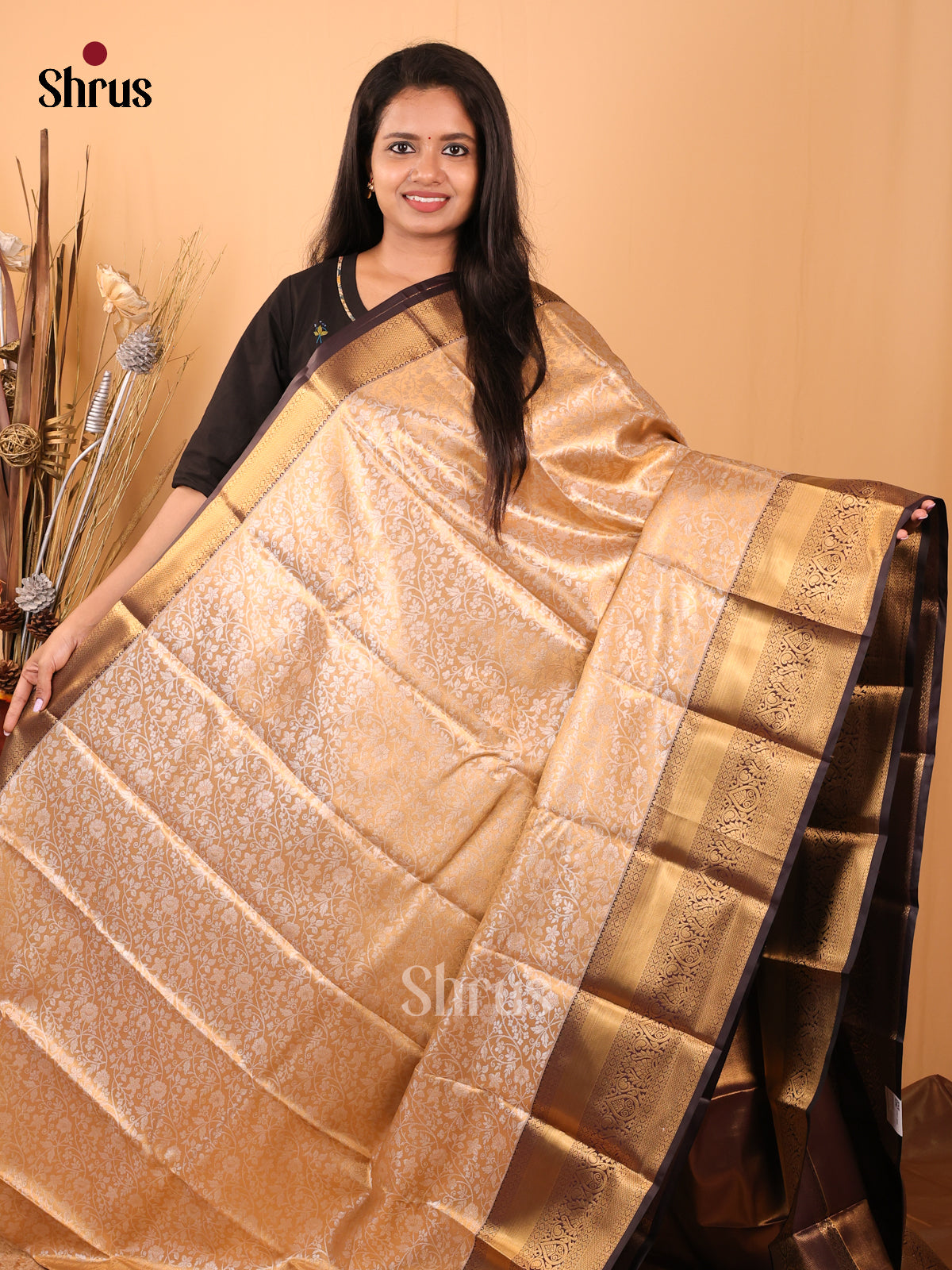 Peach & Brown - Kanchipuram-halfpure Saree - Shop on Shrus.com