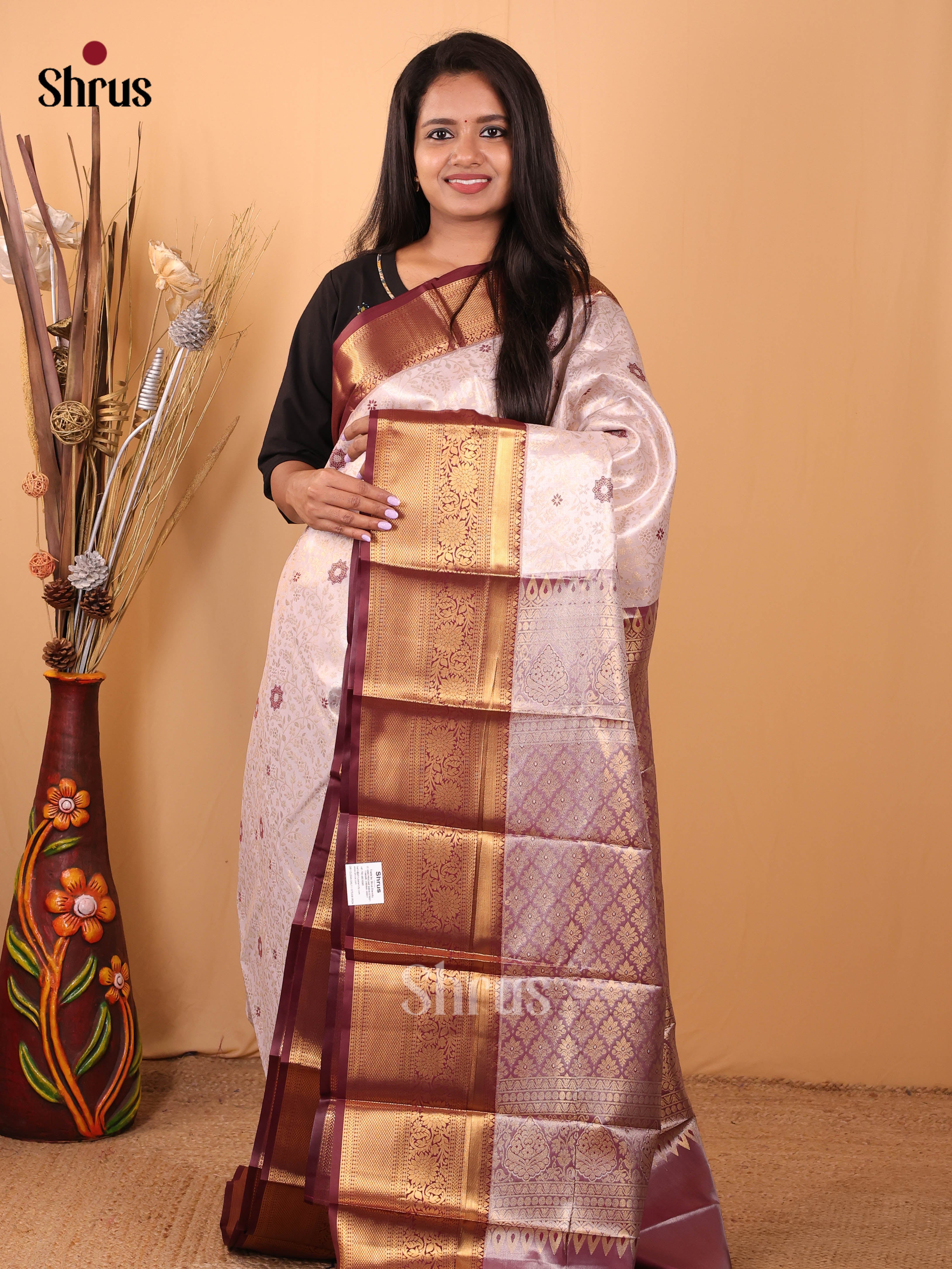 Cream & Brown - Kanchipuram-halfpure Saree - Shop on Shrus.com