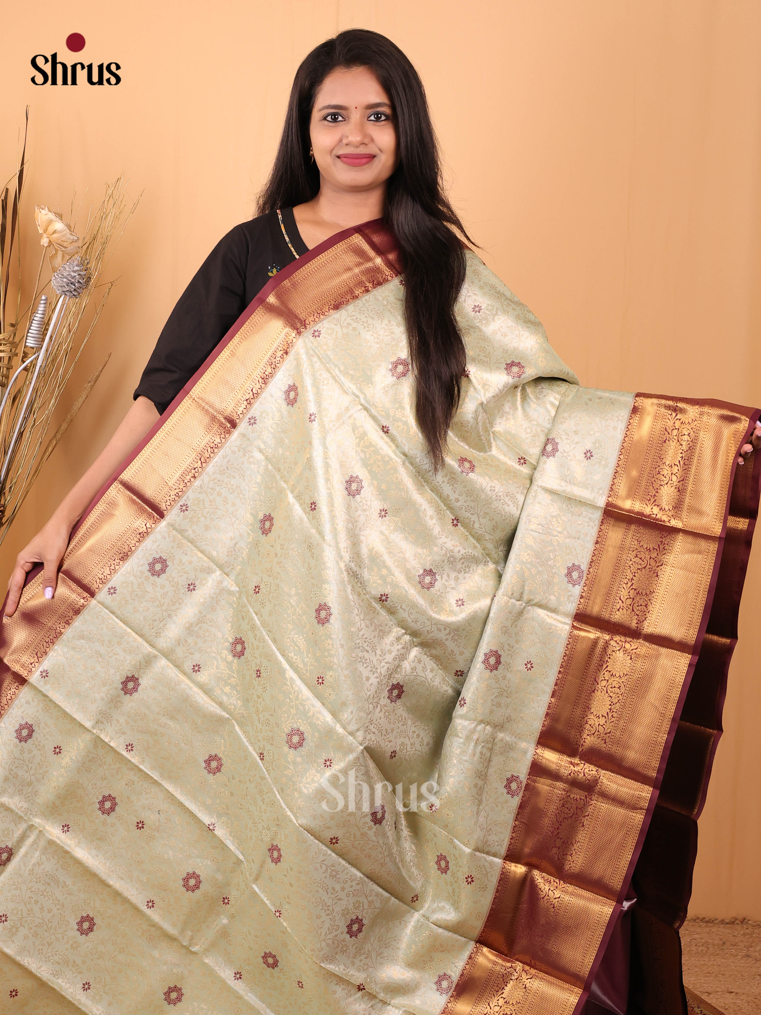 Cream & Brown - Kanchipuram-halfpure Saree - Shop on Shrus.com