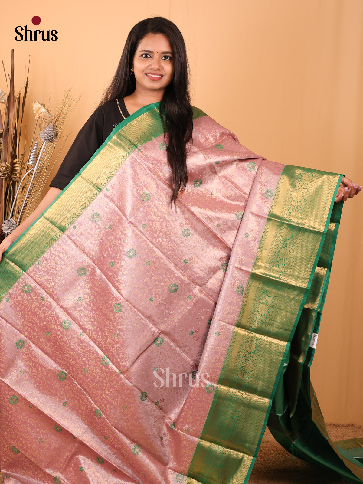 Pink & Green - Kanchipuram-halfpure Saree - Shop on Shrus.com