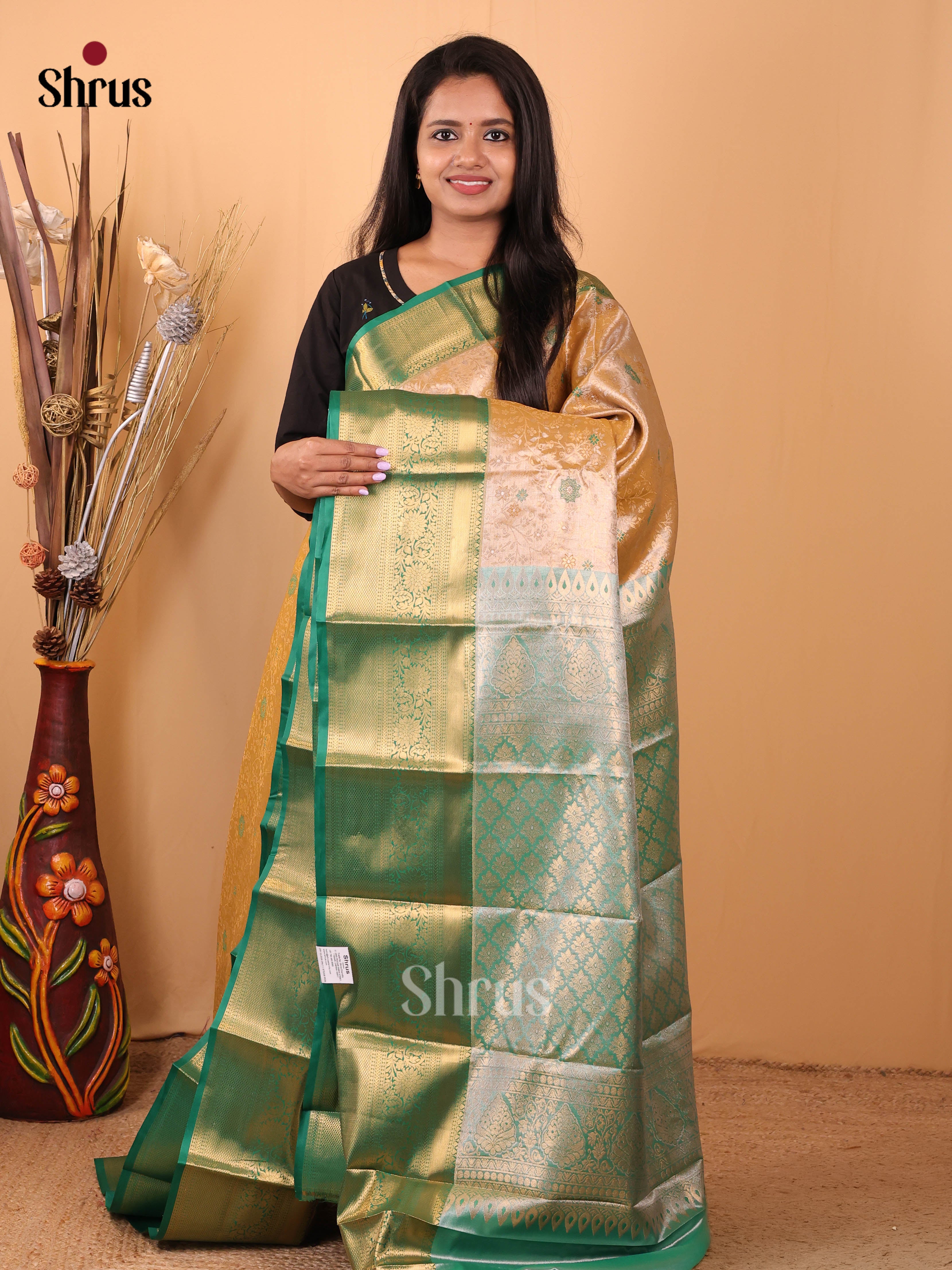 Lite Brown & Green - Kanchipuram-halfpure Saree - Shop on Shrus.com