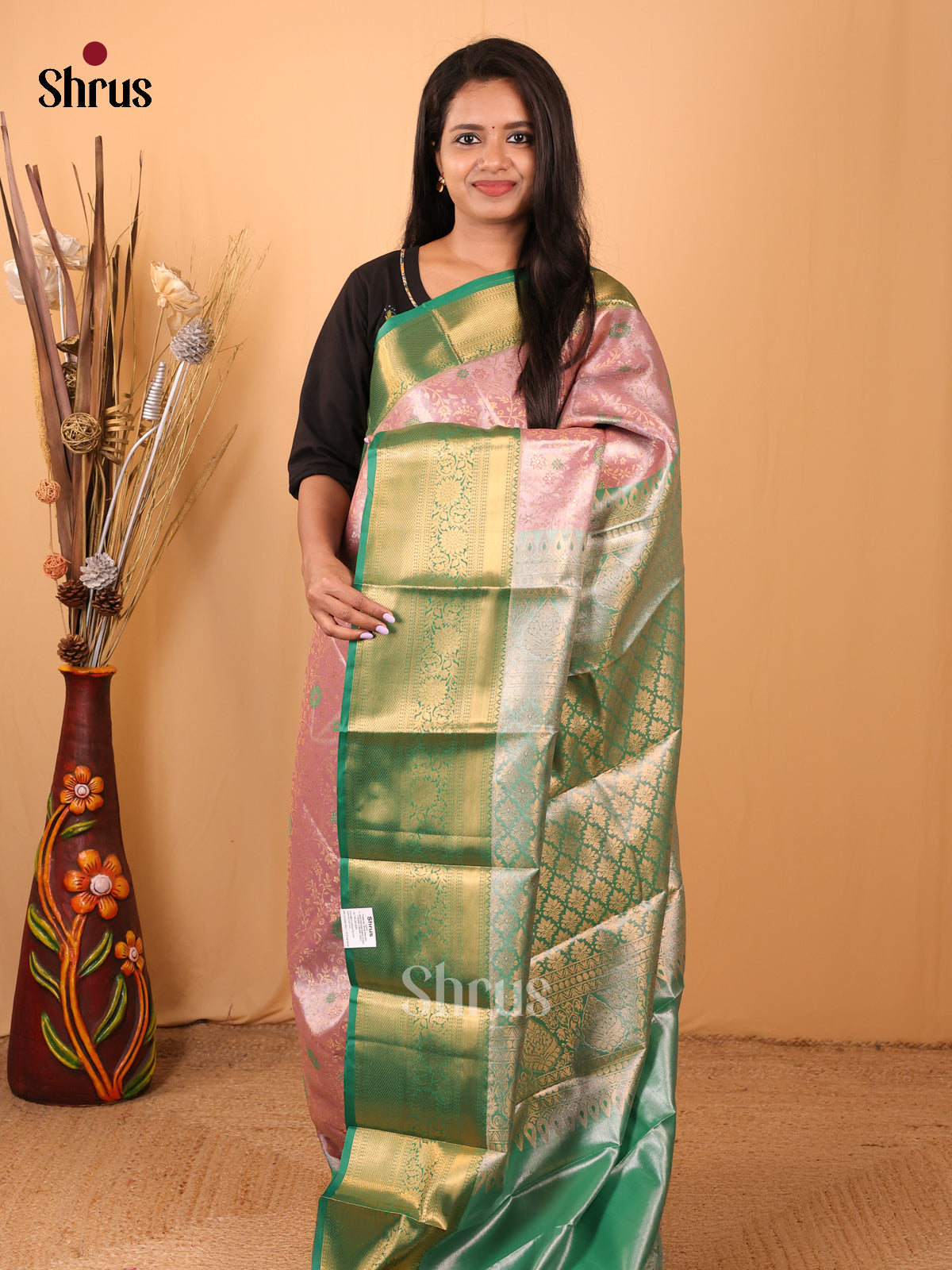 Pink & Green - Kanchipuram-halfpure Saree - Shop on Shrus.com