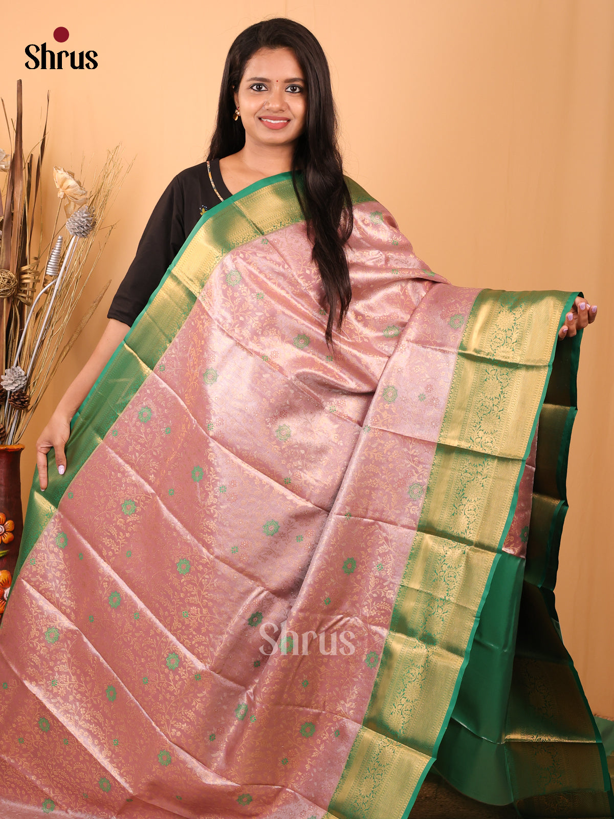 Pink & Green - Kanchipuram-halfpure Saree - Shop on Shrus.com