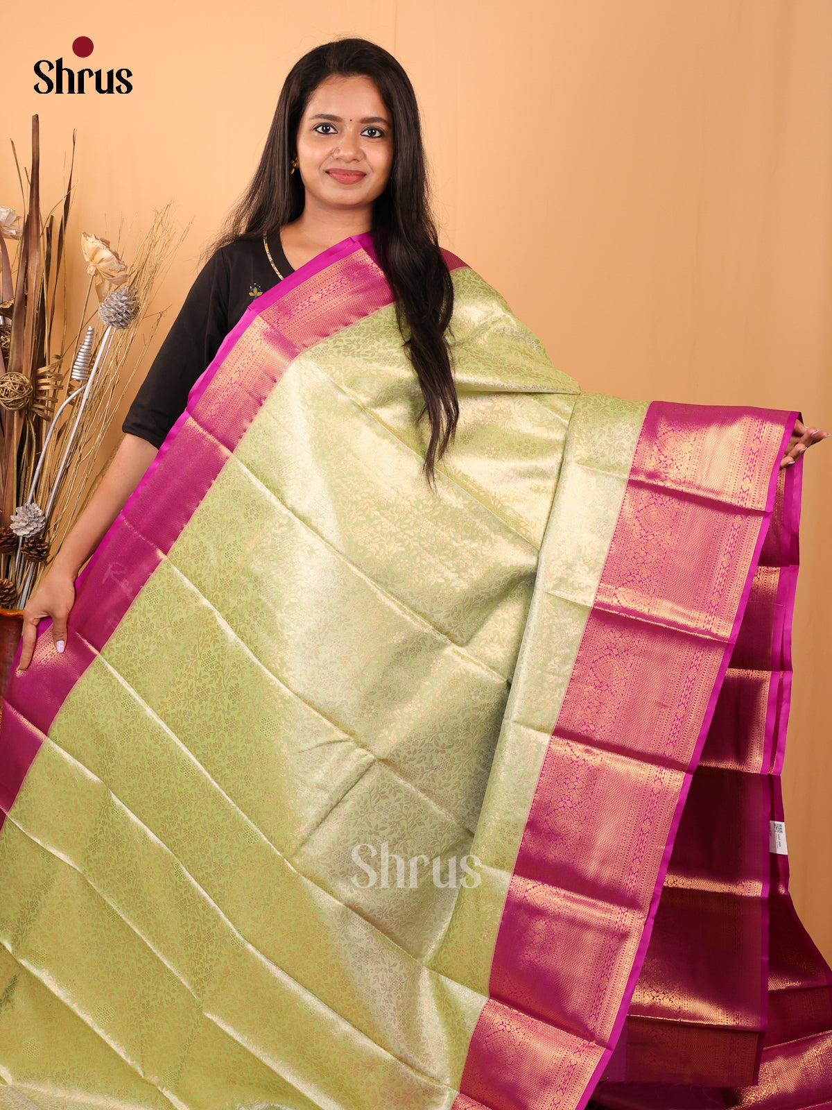 Green & Purple- Kanchipuram-halfpure Saree - Shop on Shrus.com