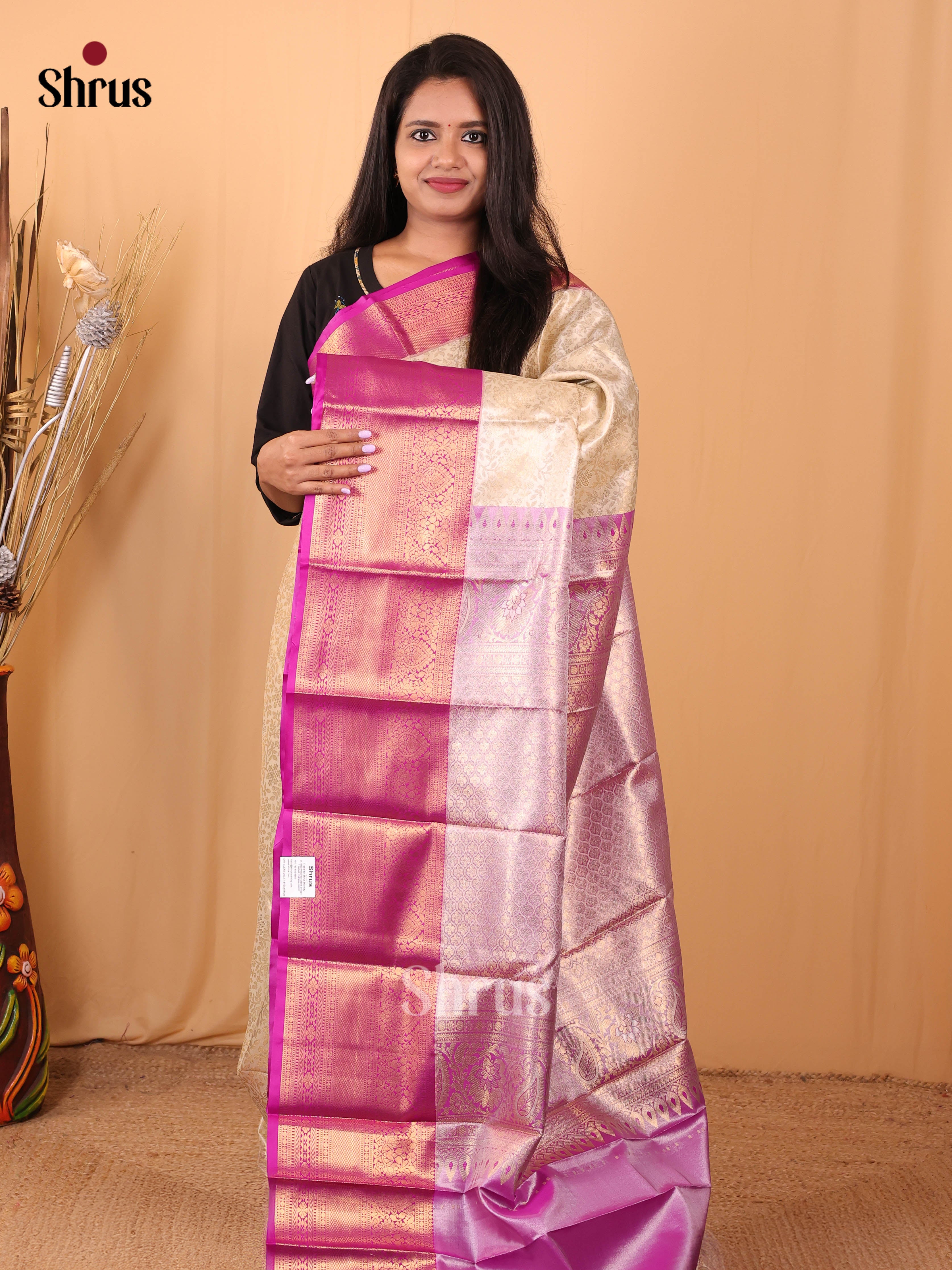 Cream & Purple - Kanchipuram-halfpure Saree - Shop on Shrus.com