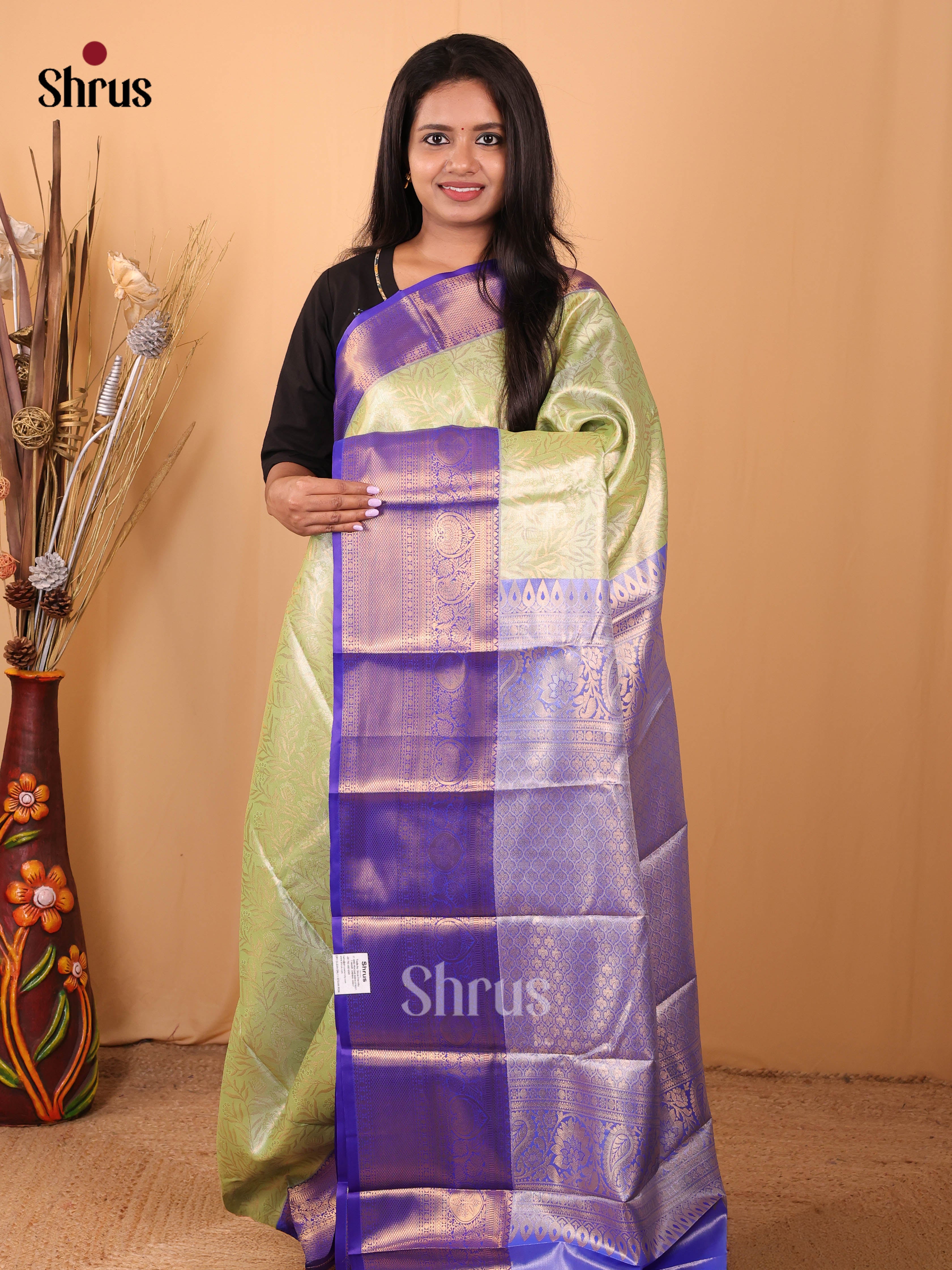 Lite Green & Blue- Kanchipuram-halfpure Saree - Shop on Shrus.com