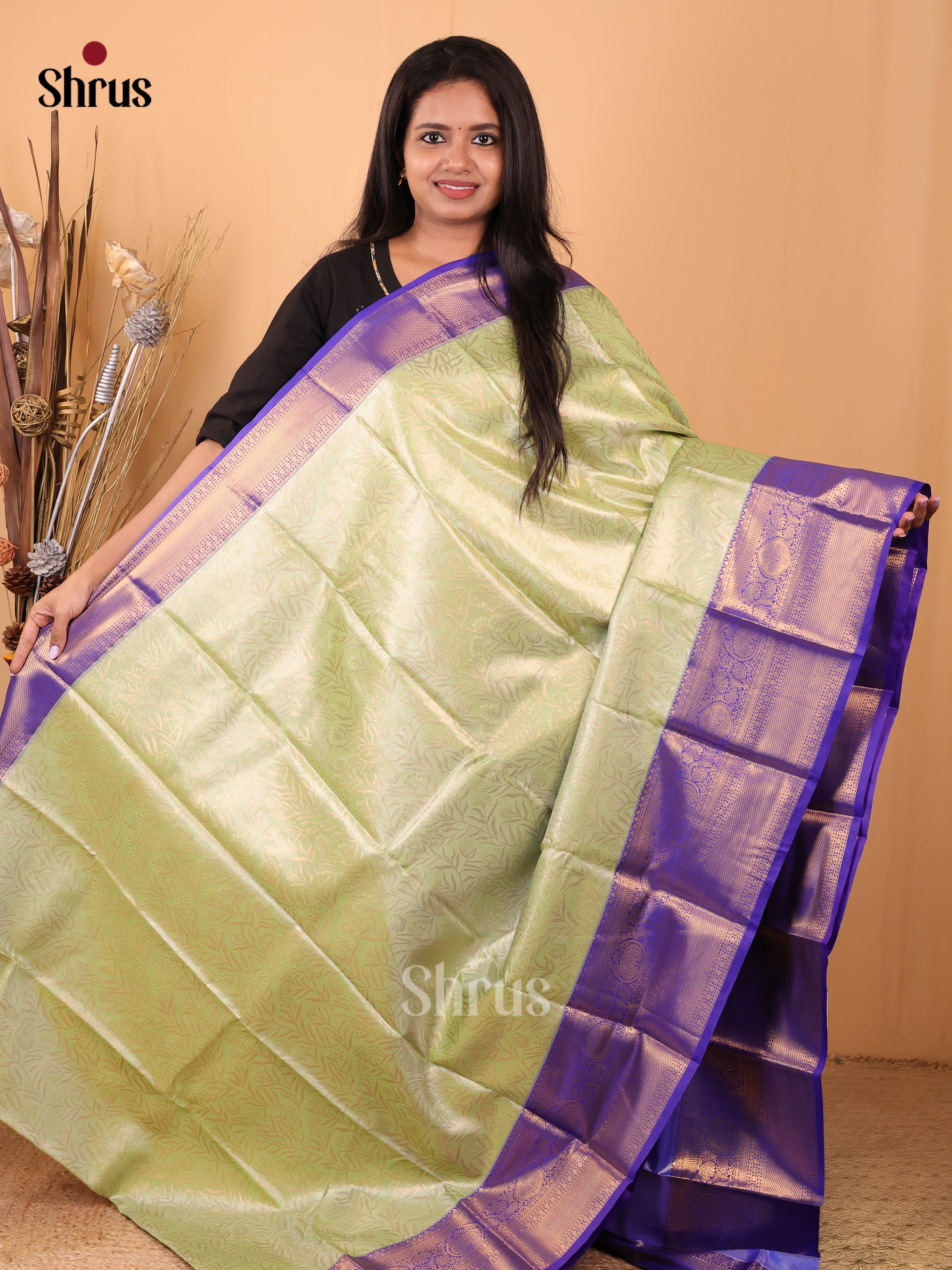 Lite Green & Blue- Kanchipuram-halfpure Saree - Shop on Shrus.com