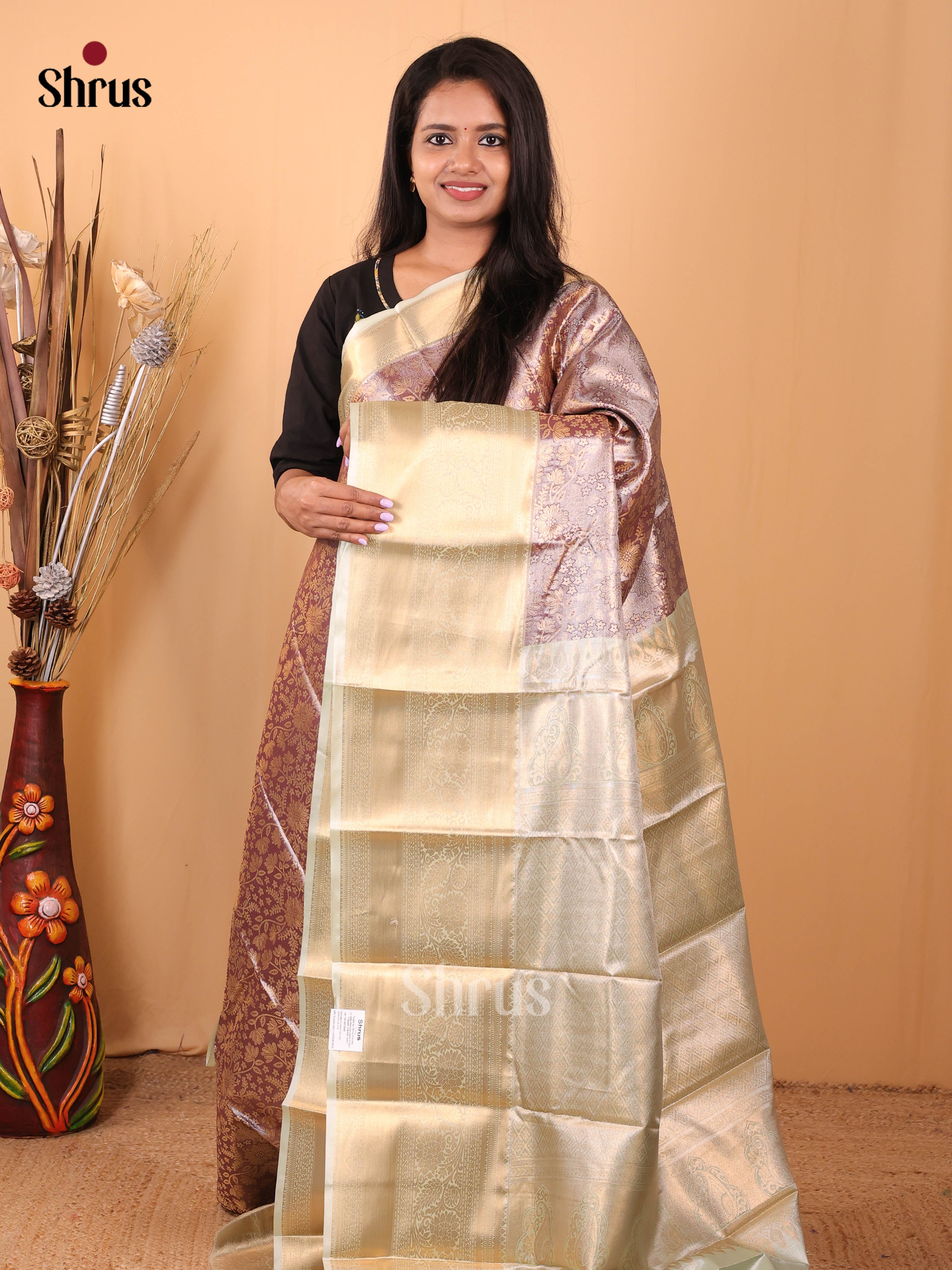 Purple & Cream - Kanchipuram-halfpure Saree - Shop on Shrus.com