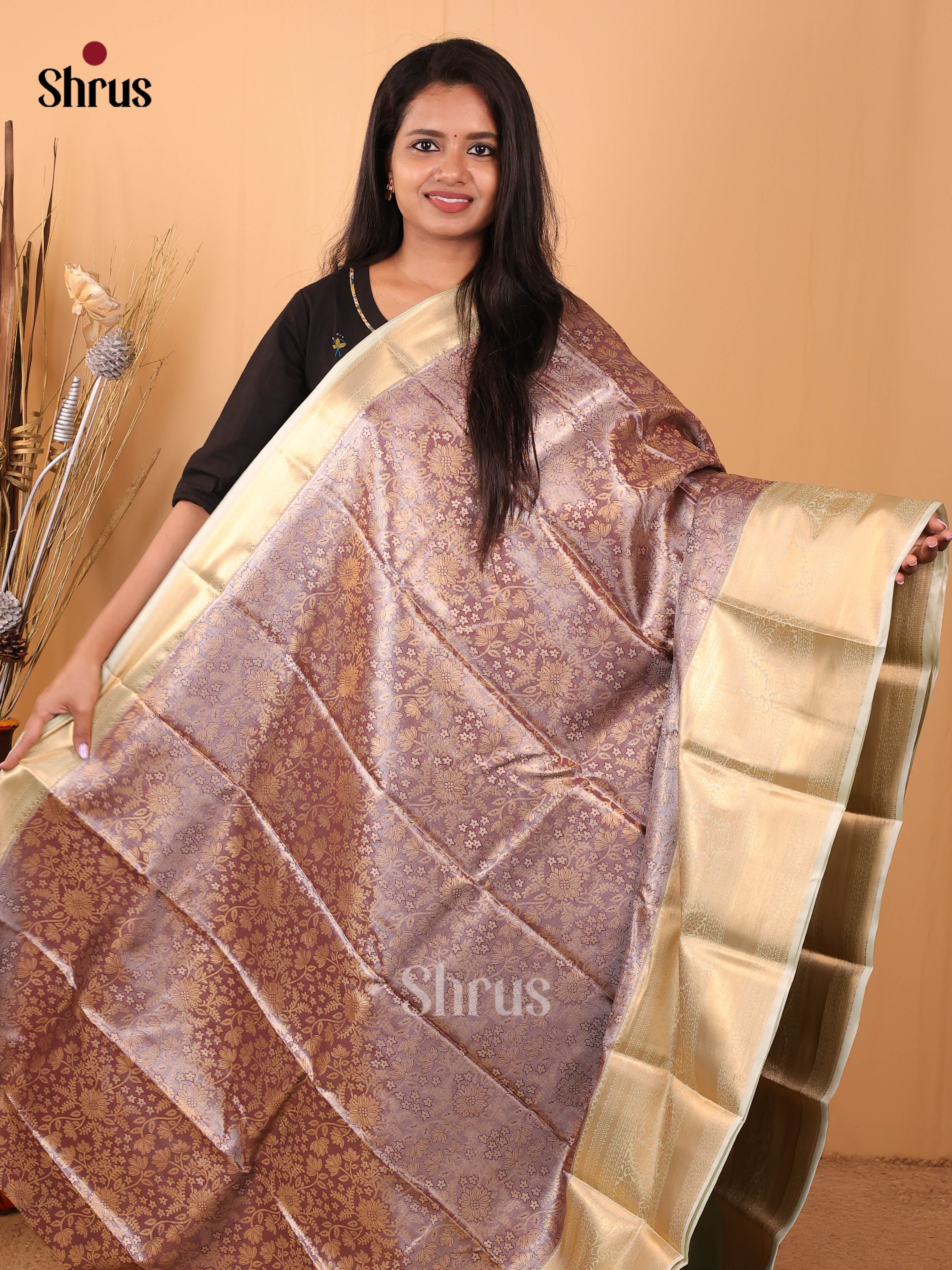 Purple & Cream - Kanchipuram-halfpure Saree - Shop on Shrus.com
