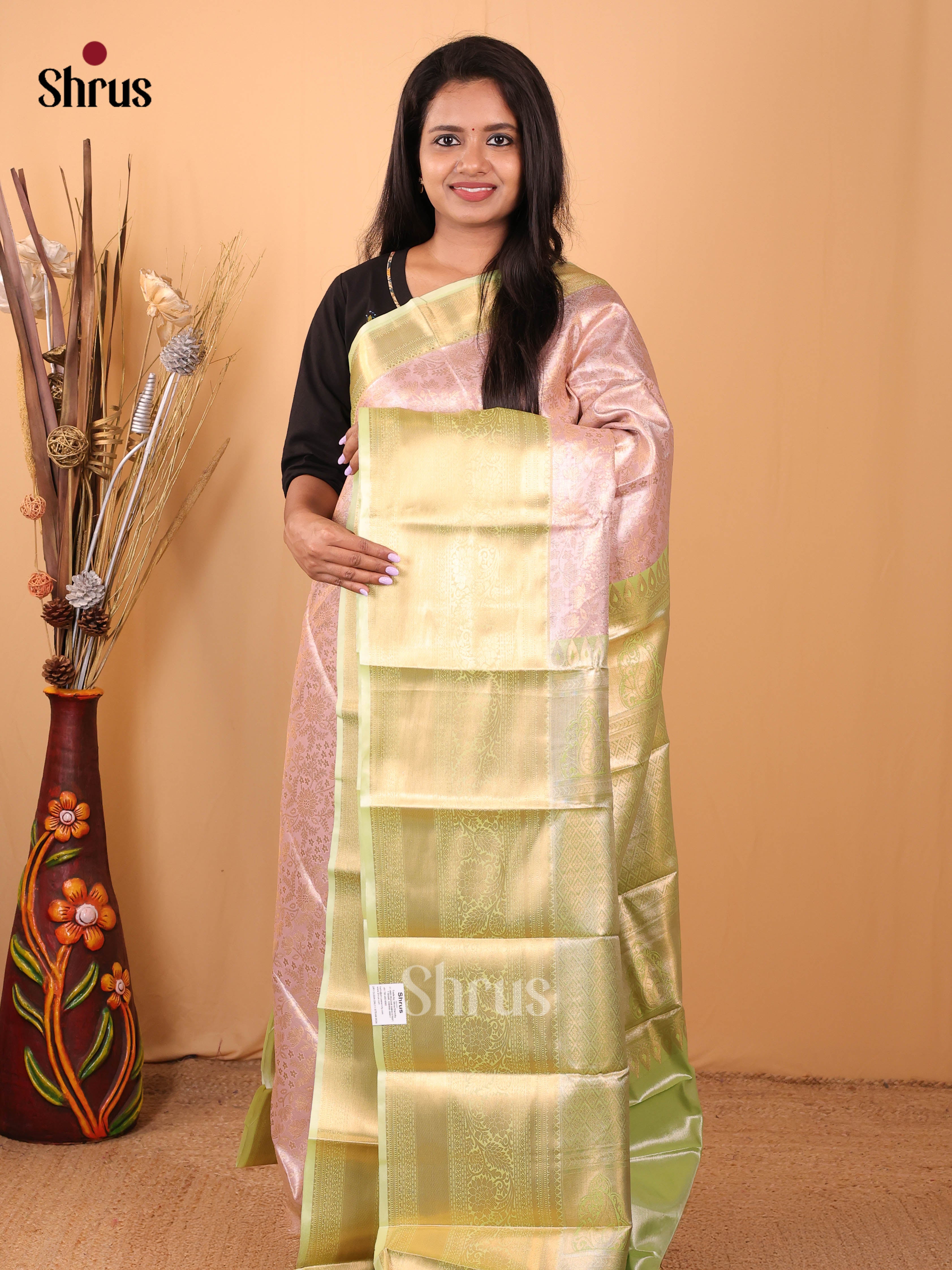 Pink & Green - Kanchipuram-halfpure Saree - Shop on Shrus.com