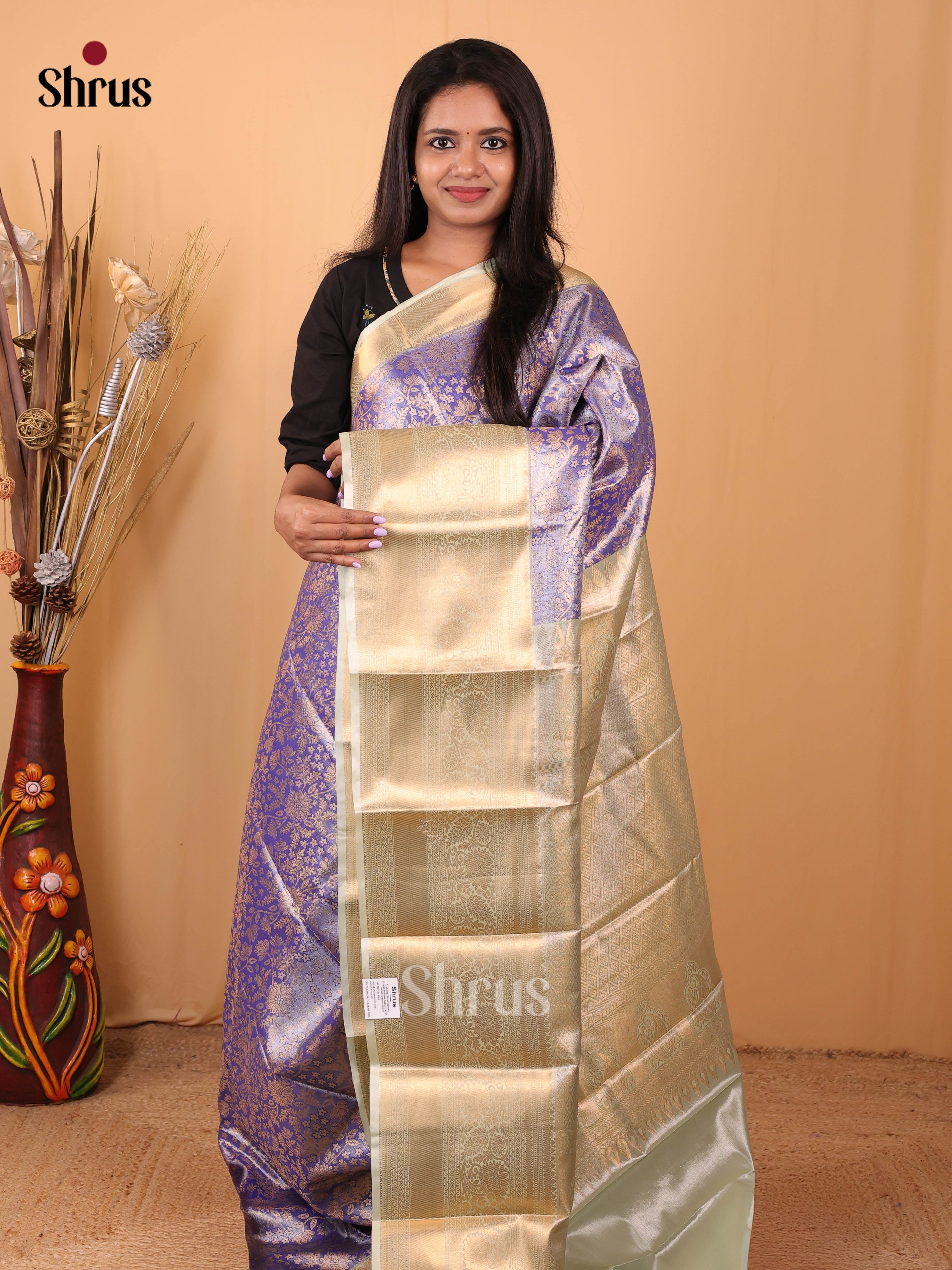 Purple & Cream - Kanchipuram-halfpure Saree - Shop on Shrus.com