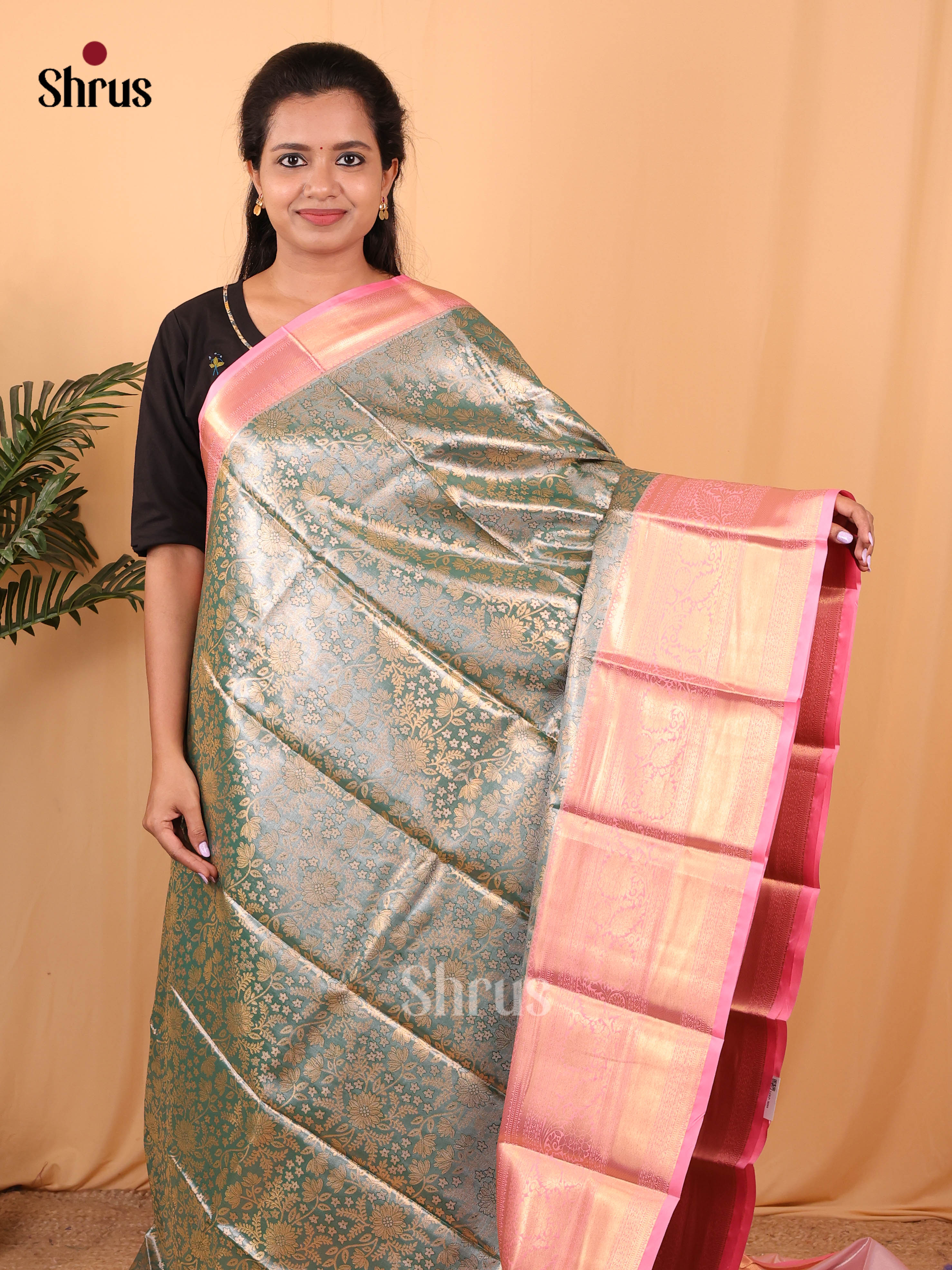 Green & Pink - Kanchipuram-halfpure Saree - Shop on Shrus.com