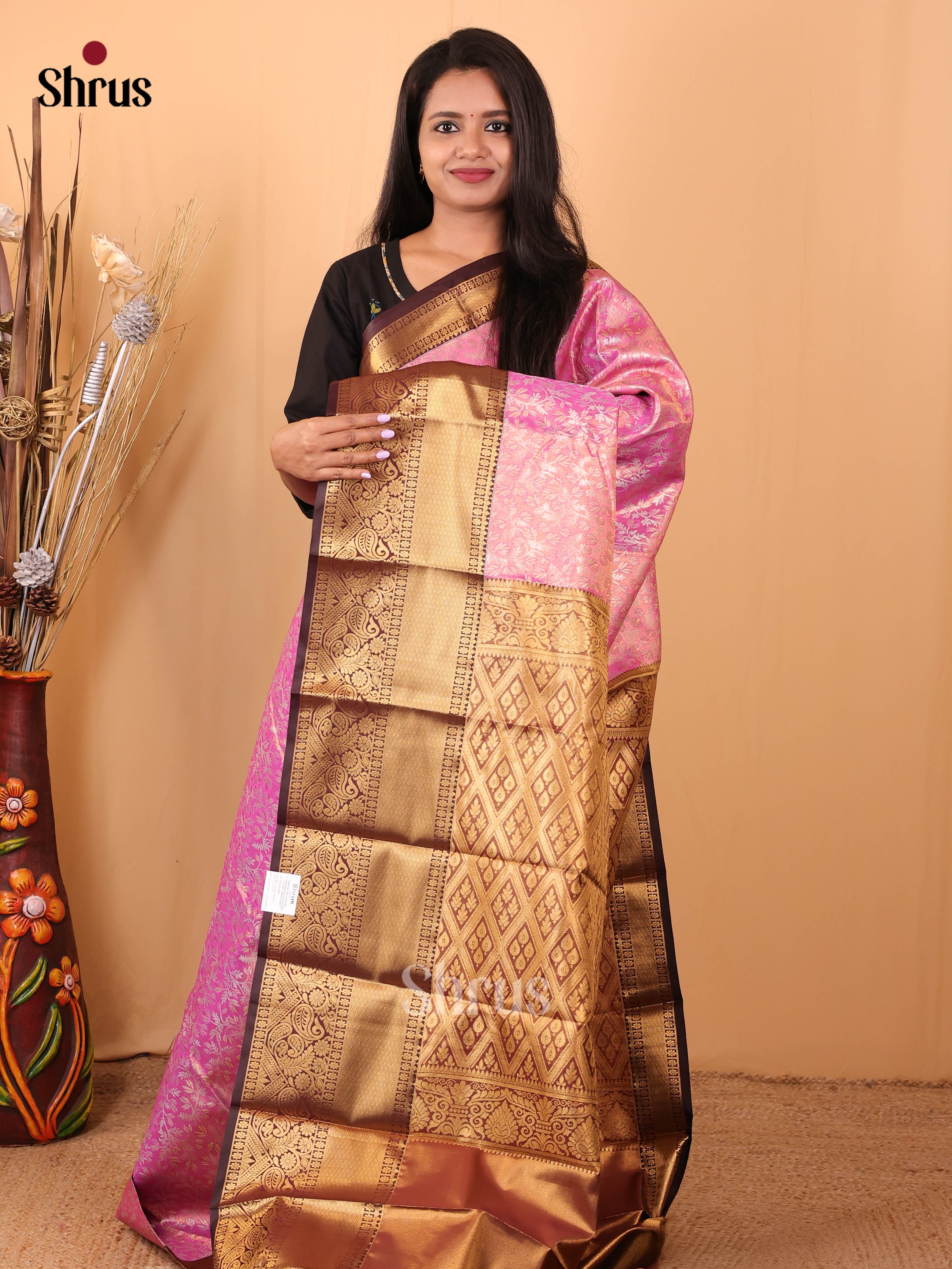 Pink & Brown - Kanchipuram-halfpure Saree - Shop on Shrus.com