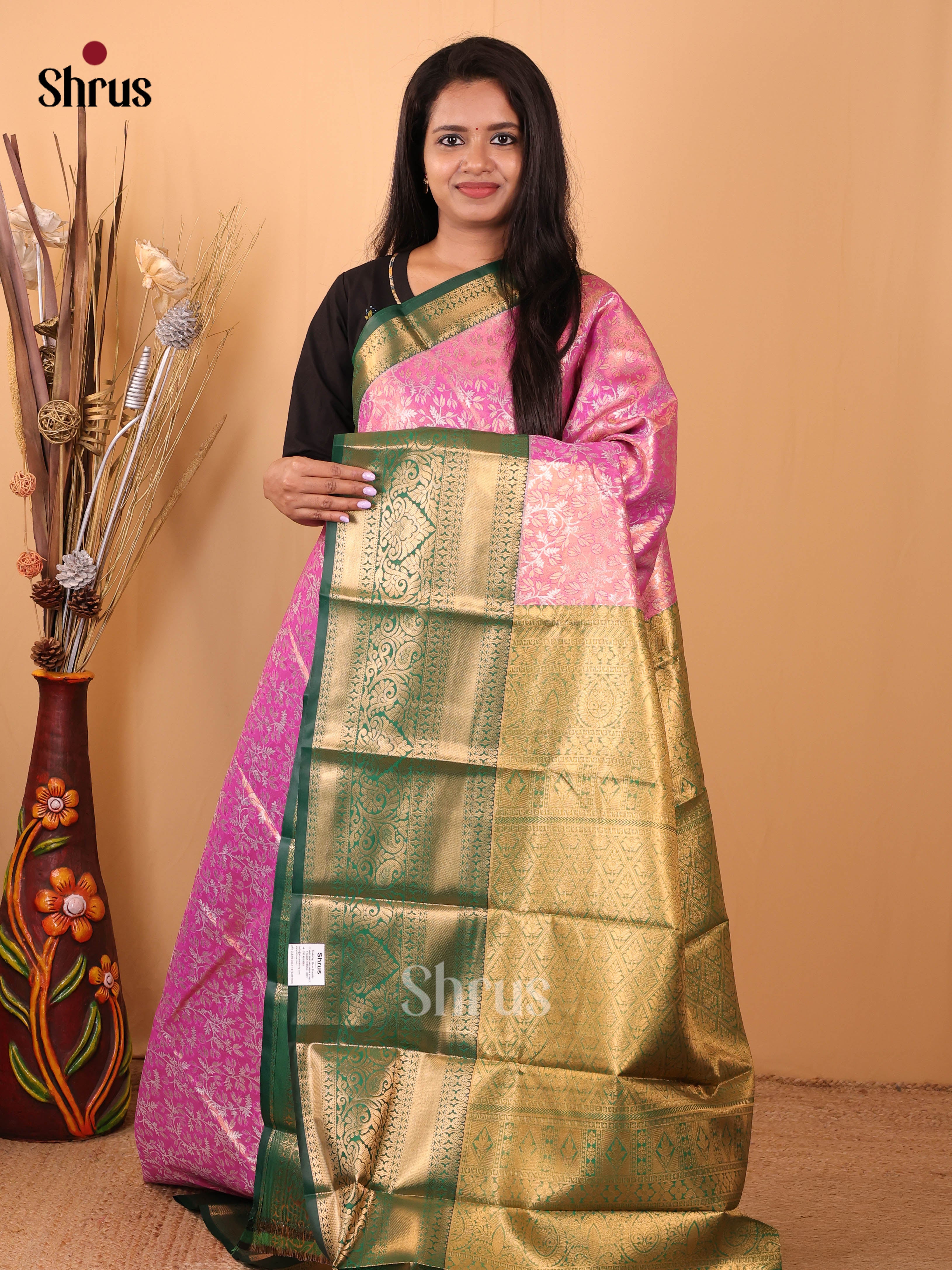 Pink & Green- Kanchipuram-halfpure Saree - Shop on Shrus.com