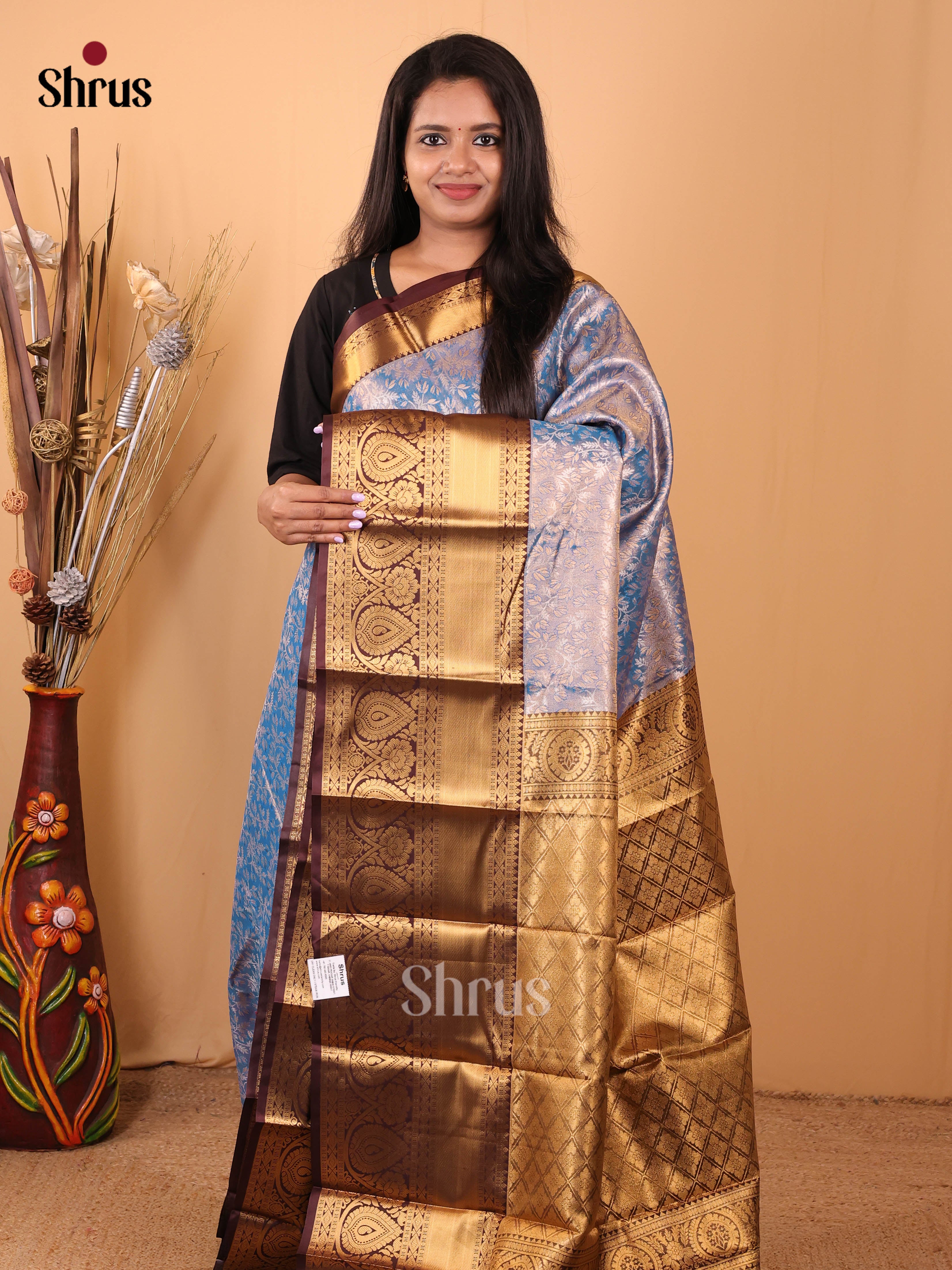 Blue & Brown- Kanchipuram-halfpure Saree - Shop on Shrus.com