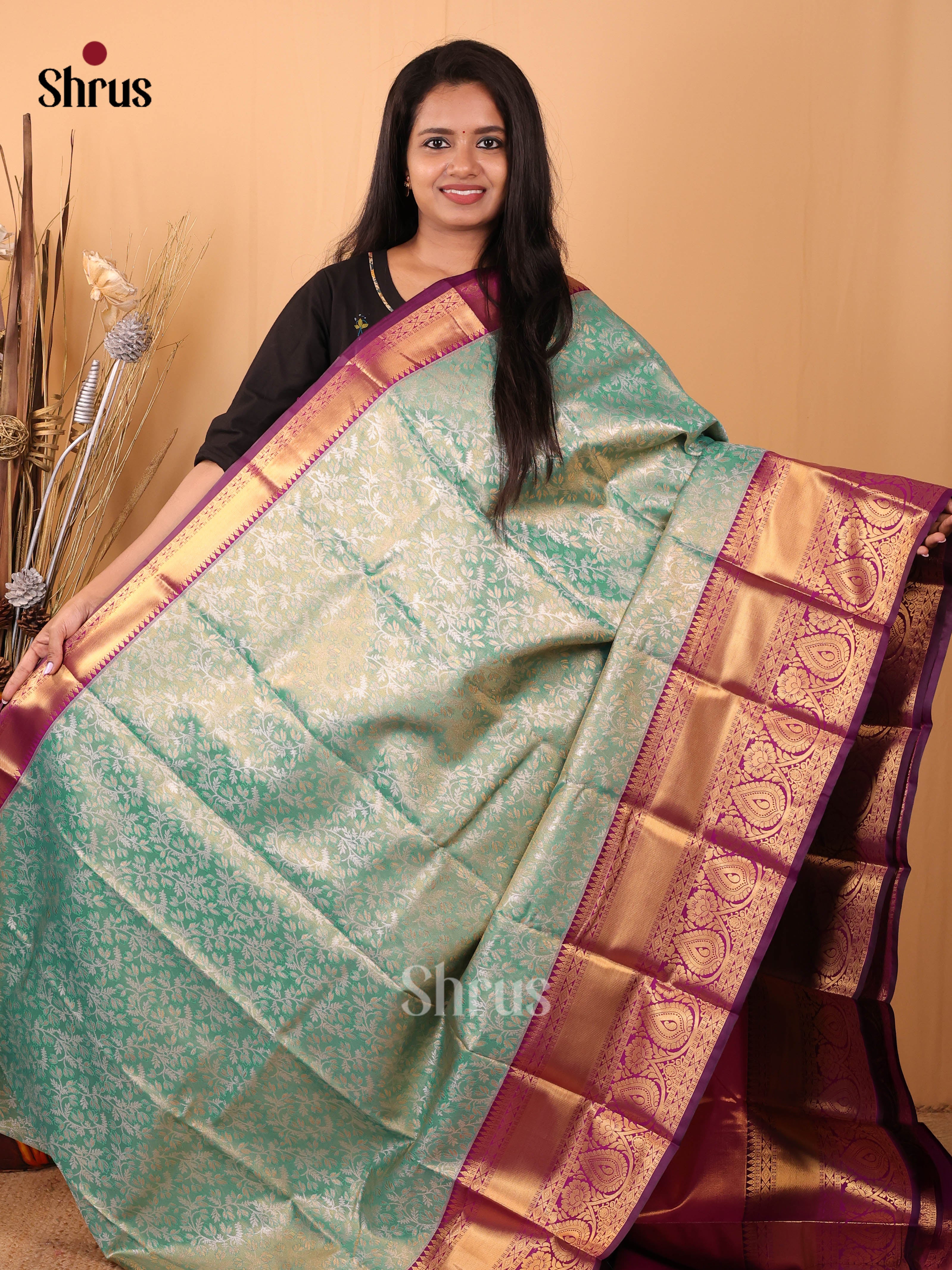 Teal & Violet- Kanchipuram-halfpure Saree - Shop on Shrus.com