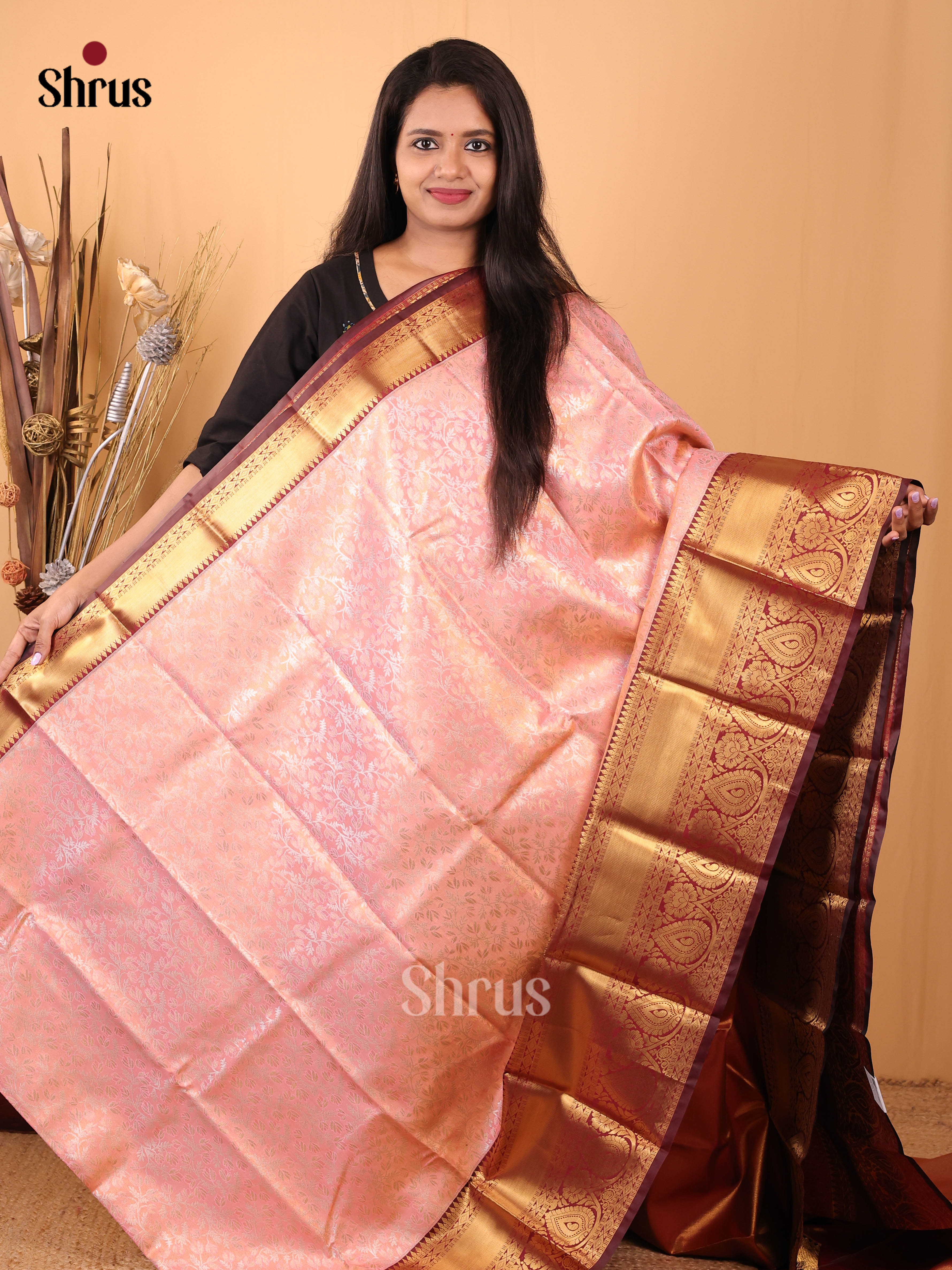 Baby Pink & Brown - Kanchipuram-halfpure Saree - Shop on Shrus.com