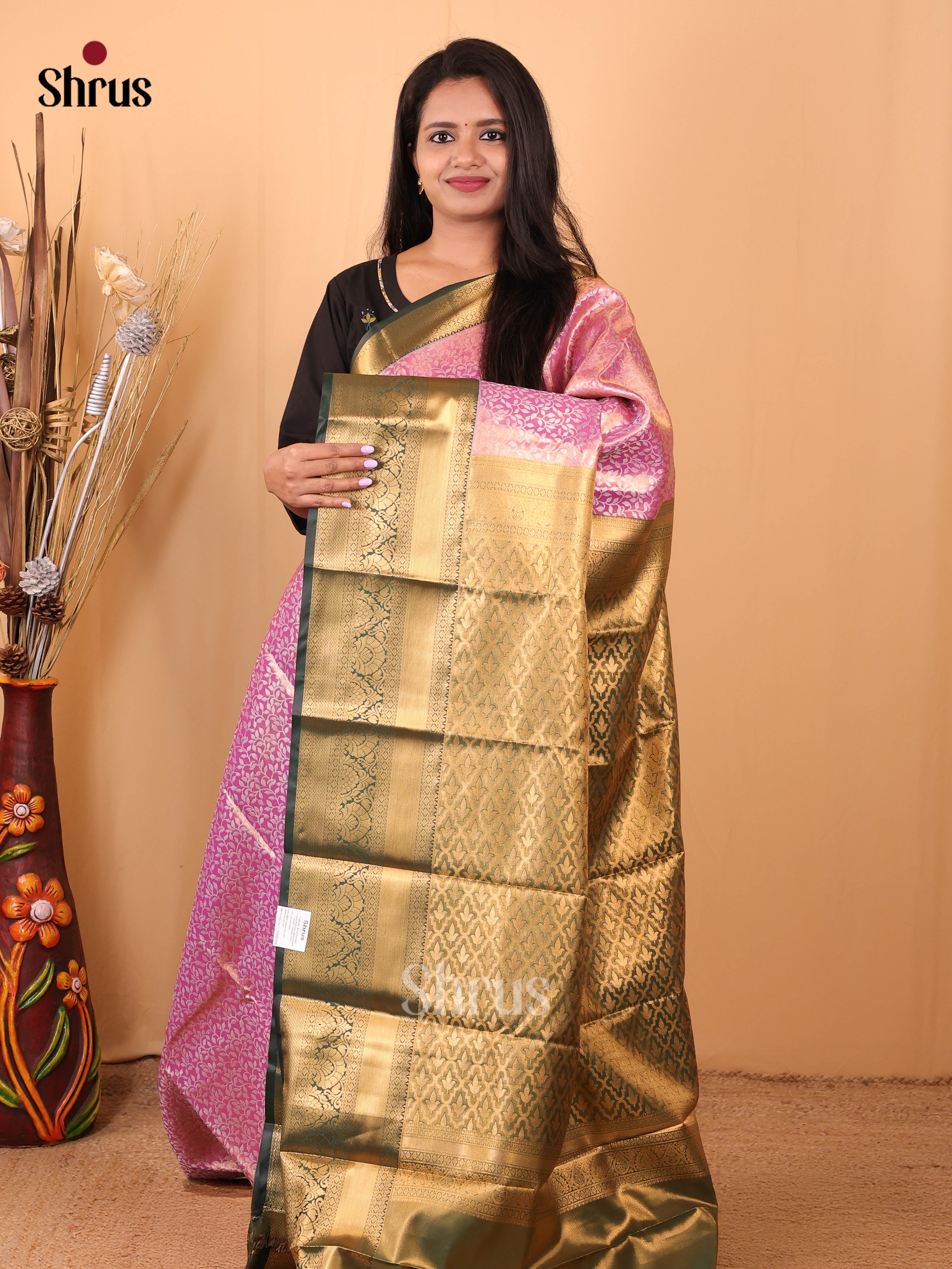 Pink & Green - Kanchipuram-halfpure Saree - Shop on Shrus.com