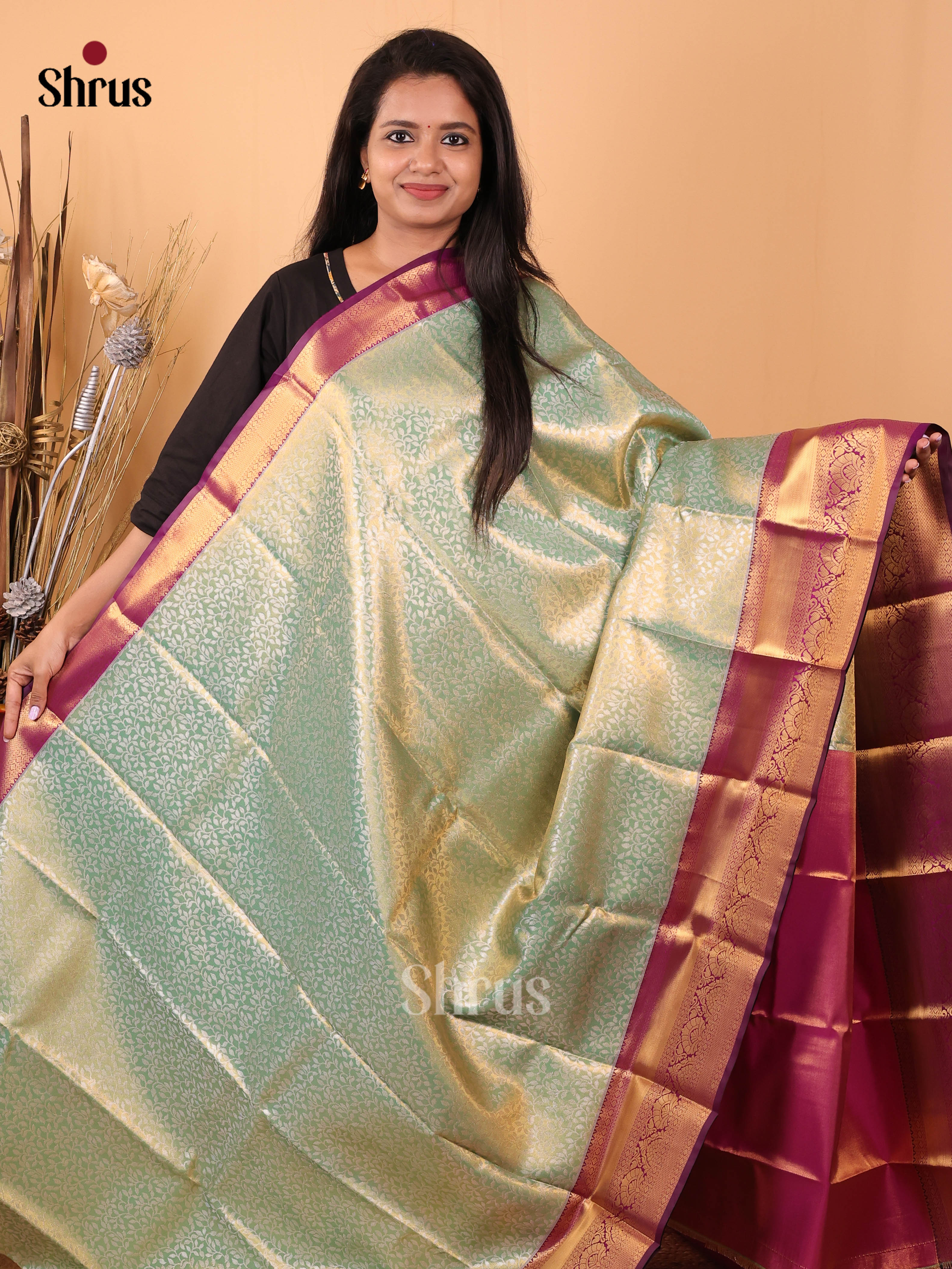 Green & Purple -  Kanchipuram-halfpure - Shop on Shrus.com