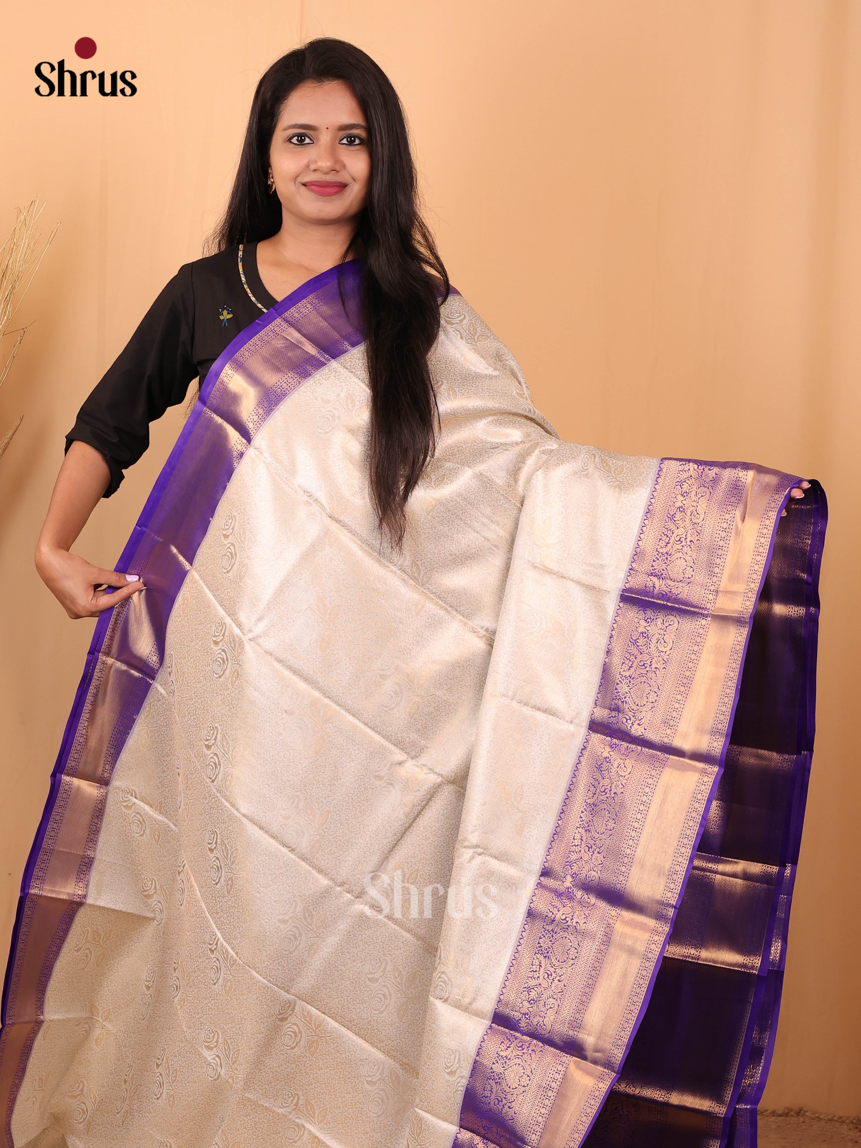 Cream & Blue - Kanchipuram-halfpure Saree - Shop on Shrus.com