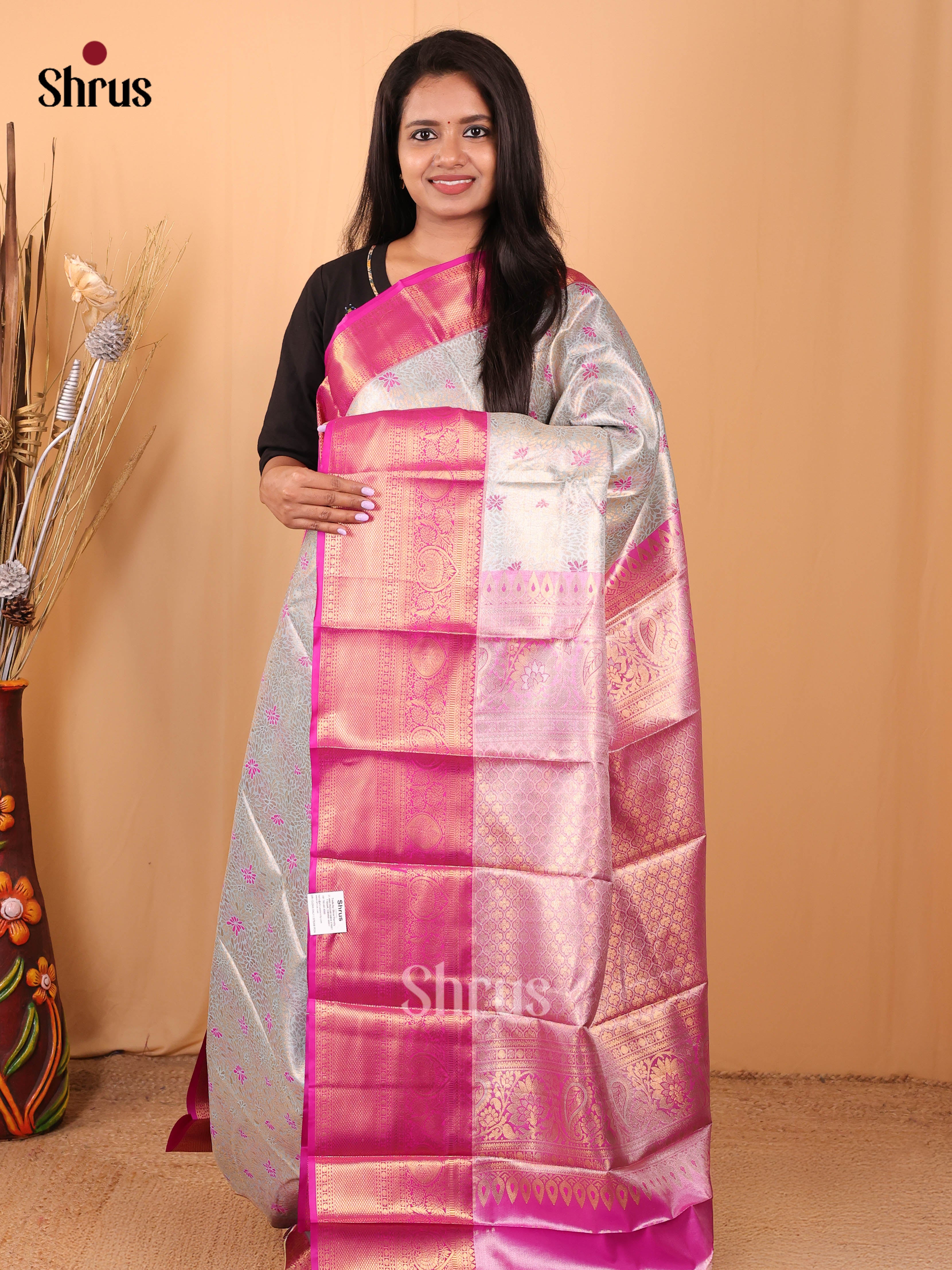 Grey & Pink - Kanchipuram-halfpure Saree - Shop on Shrus.com