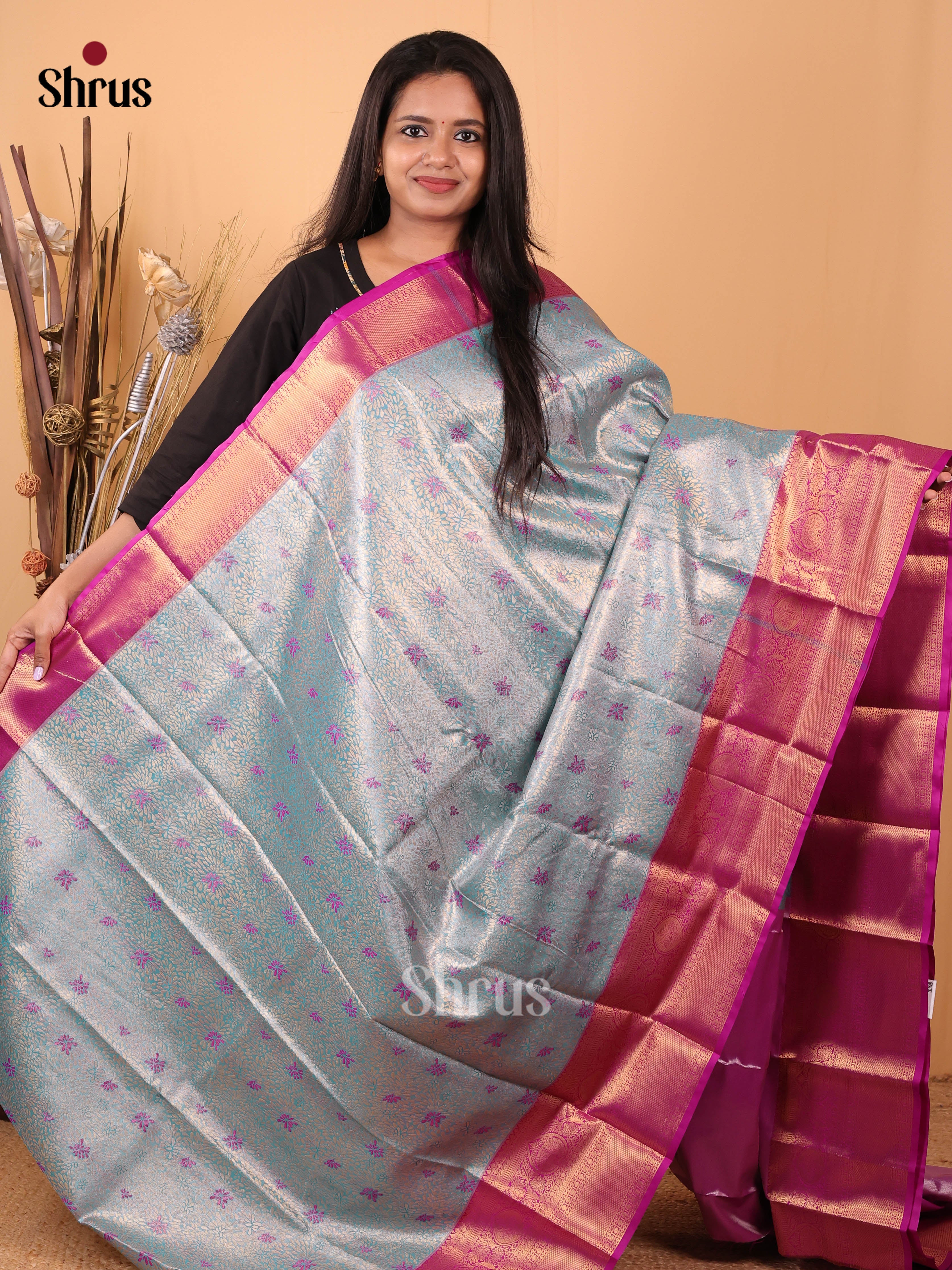 Blue & Majenta- Kanchipuram-halfpure Saree - Shop on Shrus.com