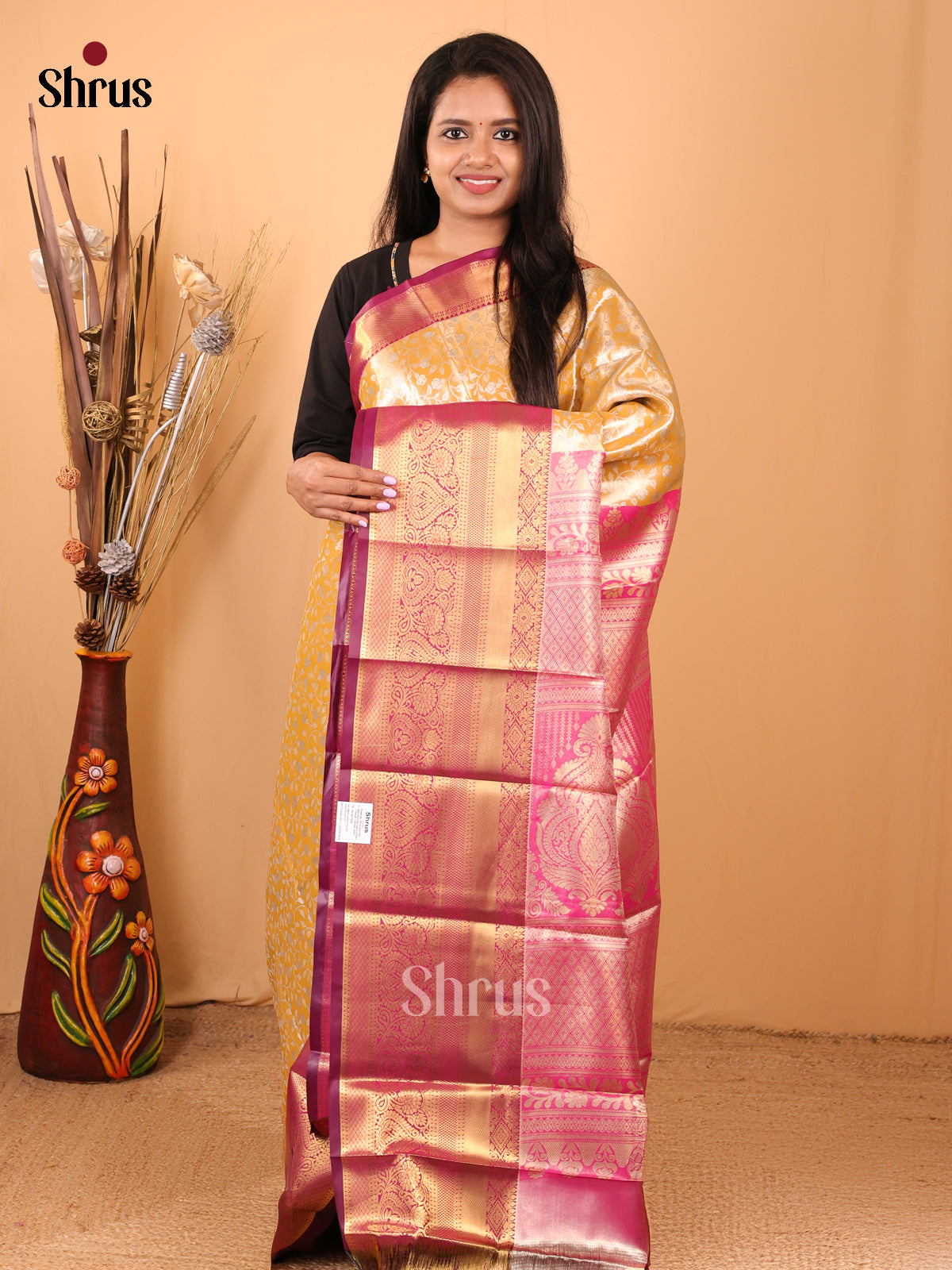 Mustard & Purple - Kanchipuram-halfpure Saree - Shop on Shrus.com