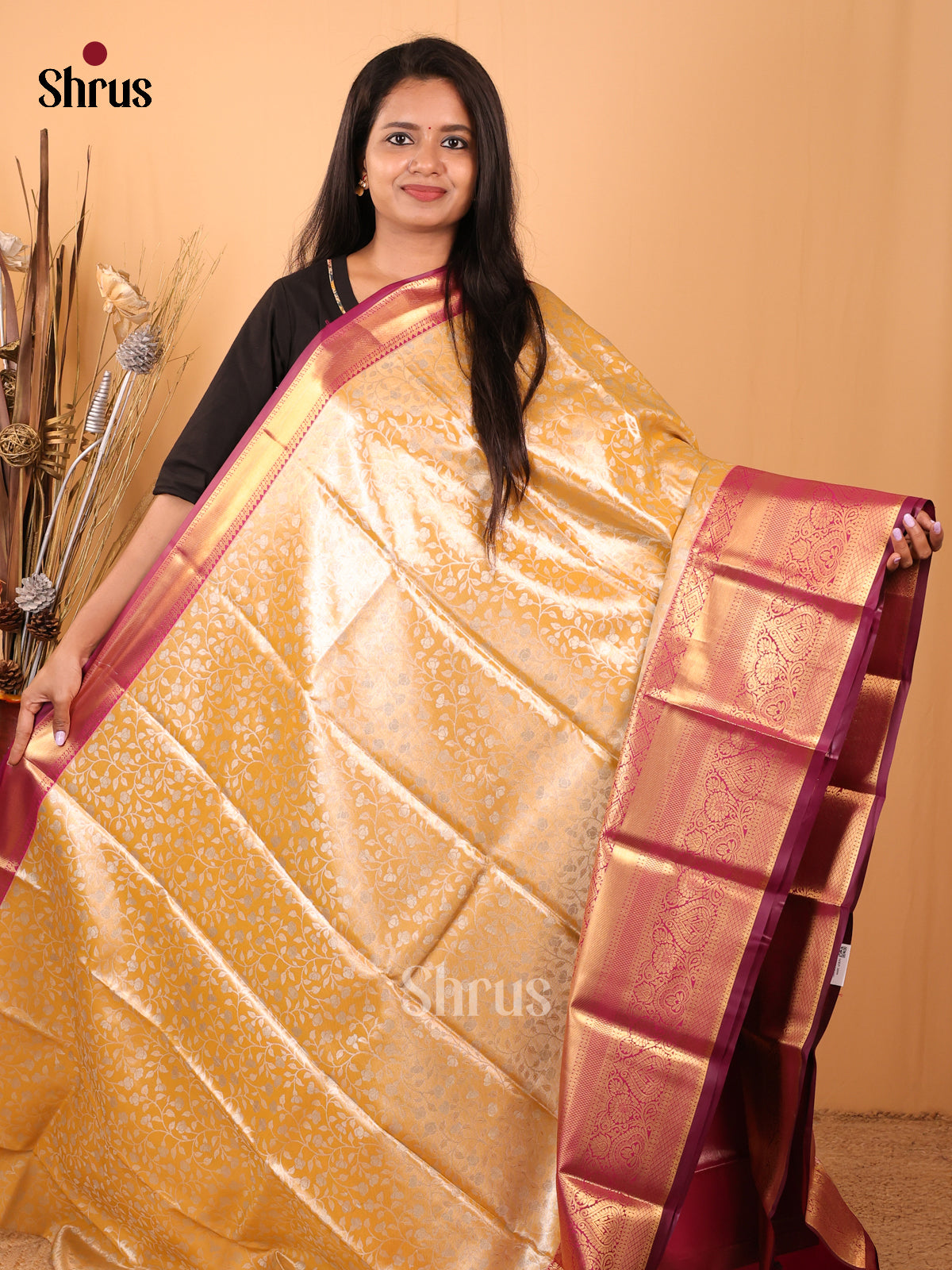 Mustard & Purple - Kanchipuram-halfpure Saree - Shop on Shrus.com