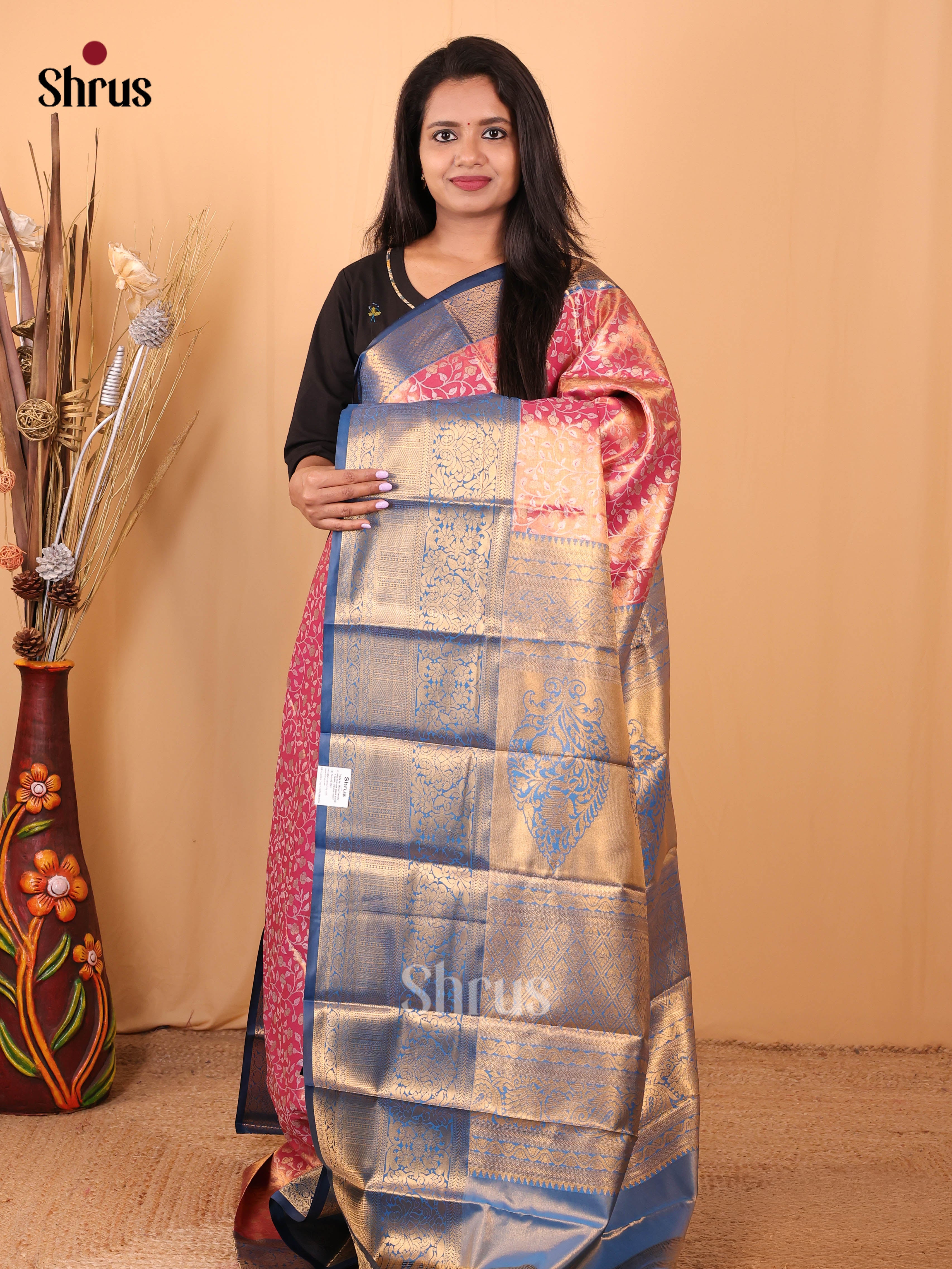 Pink & Blue - Kanchipuram-halfpure Saree - Shop on Shrus.com