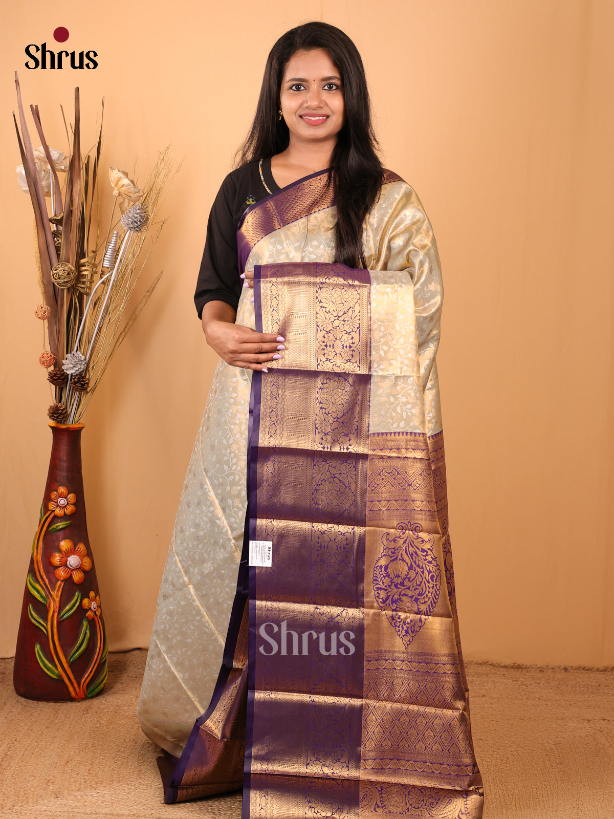 Cream & Blue - Kanchipuram-halfpure Saree - Shop on Shrus.com