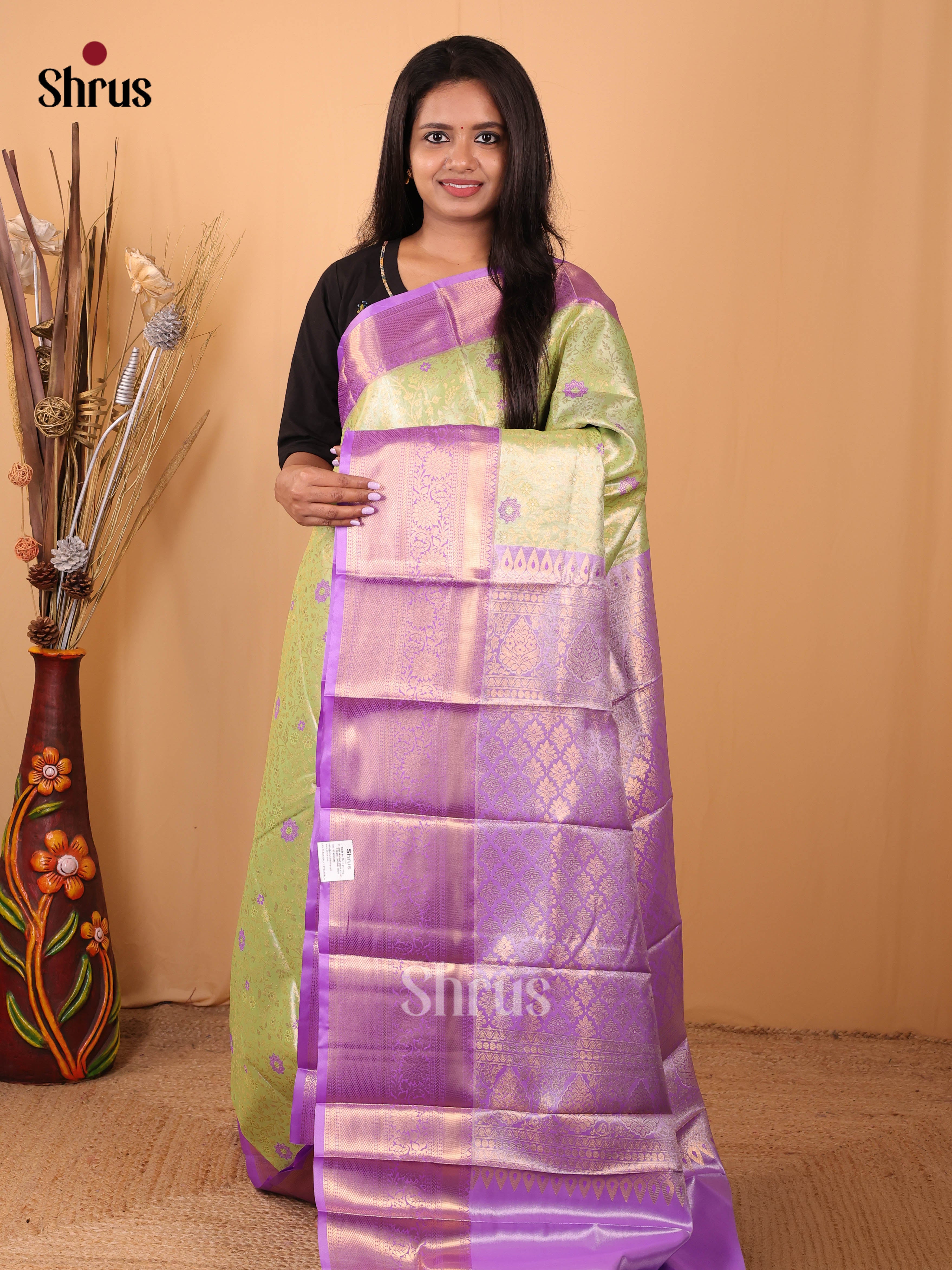 Lite Green & Purple - Kanchipuram-halfpure Saree - Shop on Shrus.com
