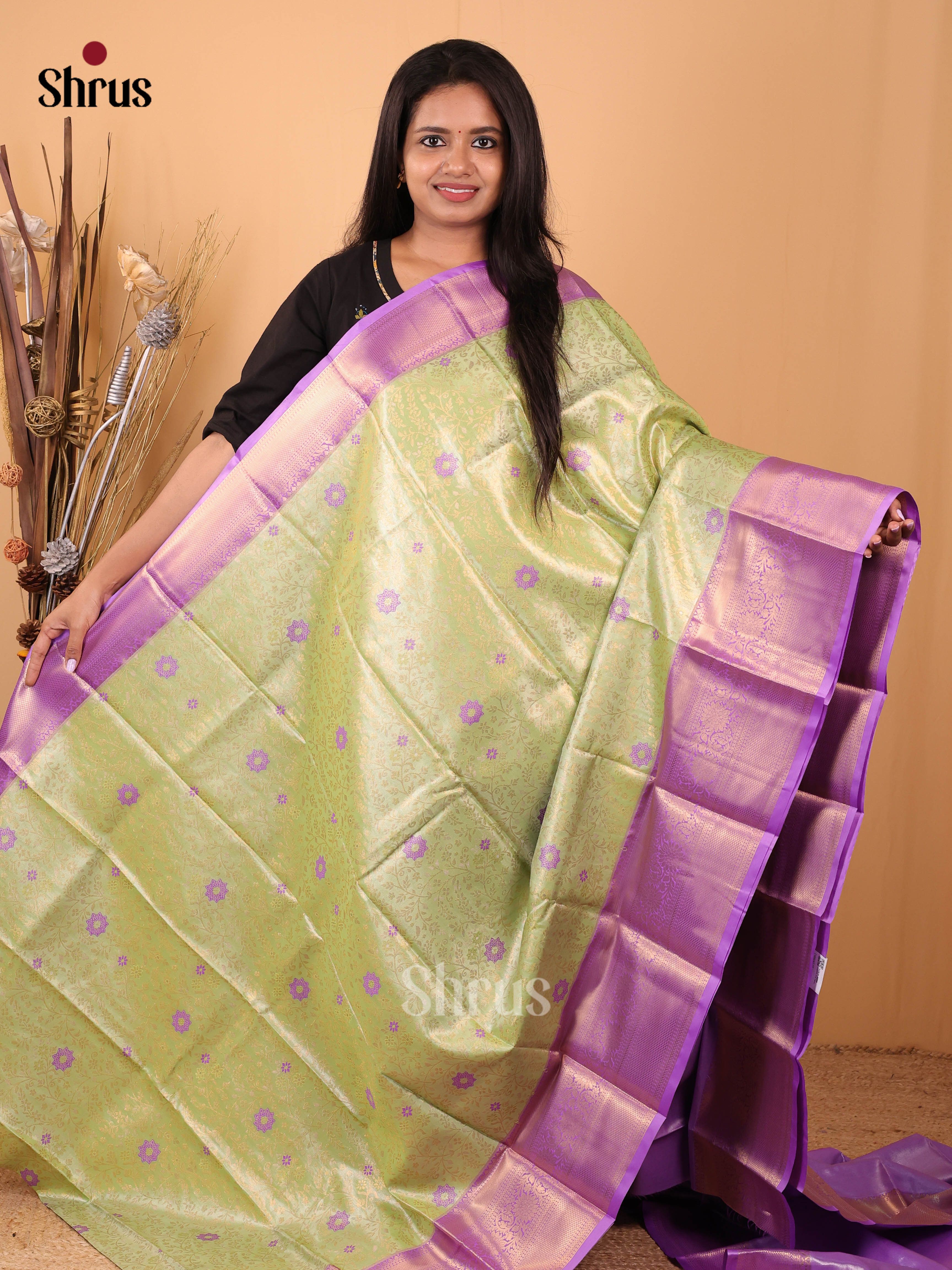 Lite Green & Purple - Kanchipuram-halfpure Saree - Shop on Shrus.com
