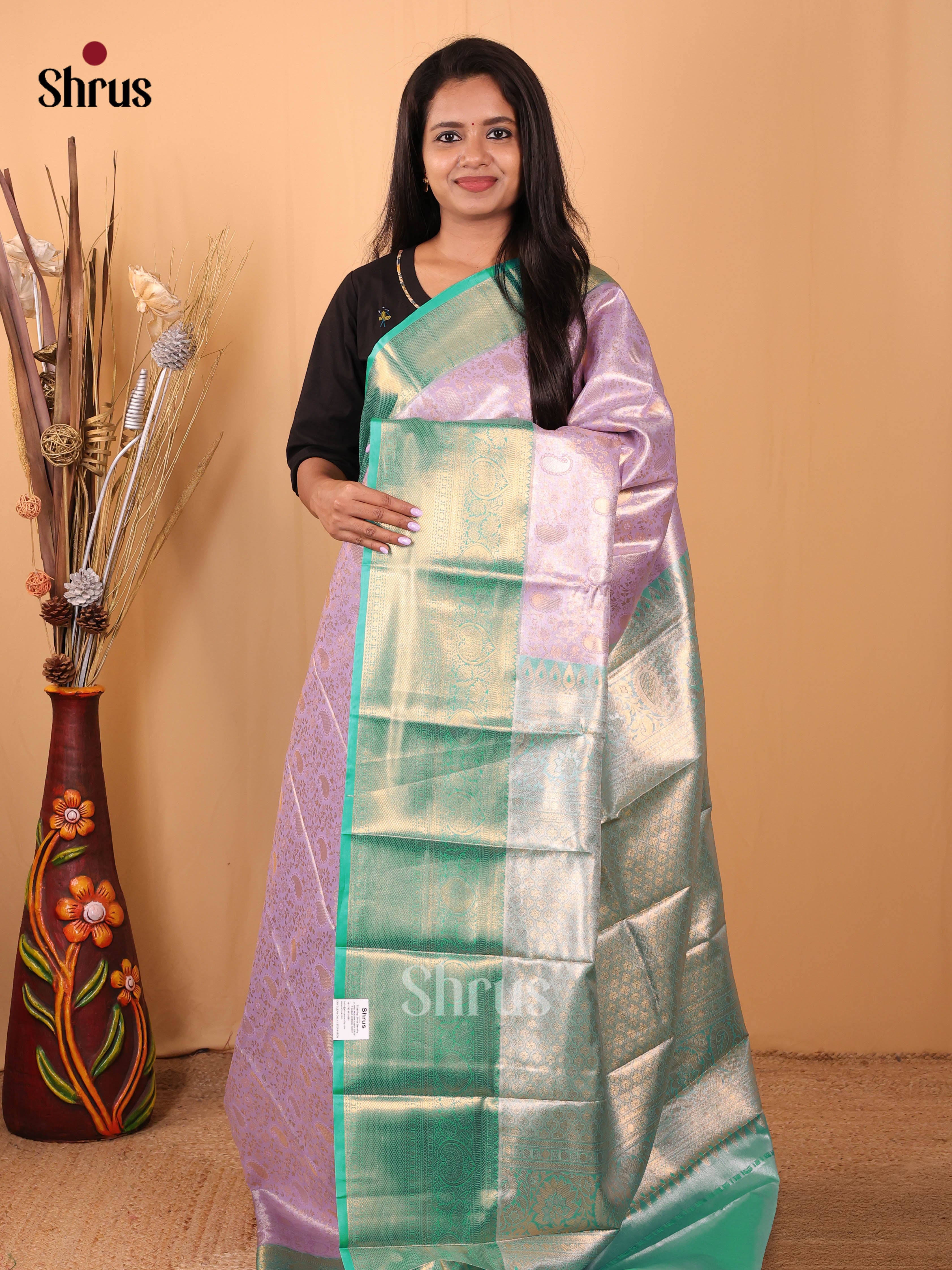 Lavender & Green- Kanchipuram-halfpure Saree - Shop on Shrus.com