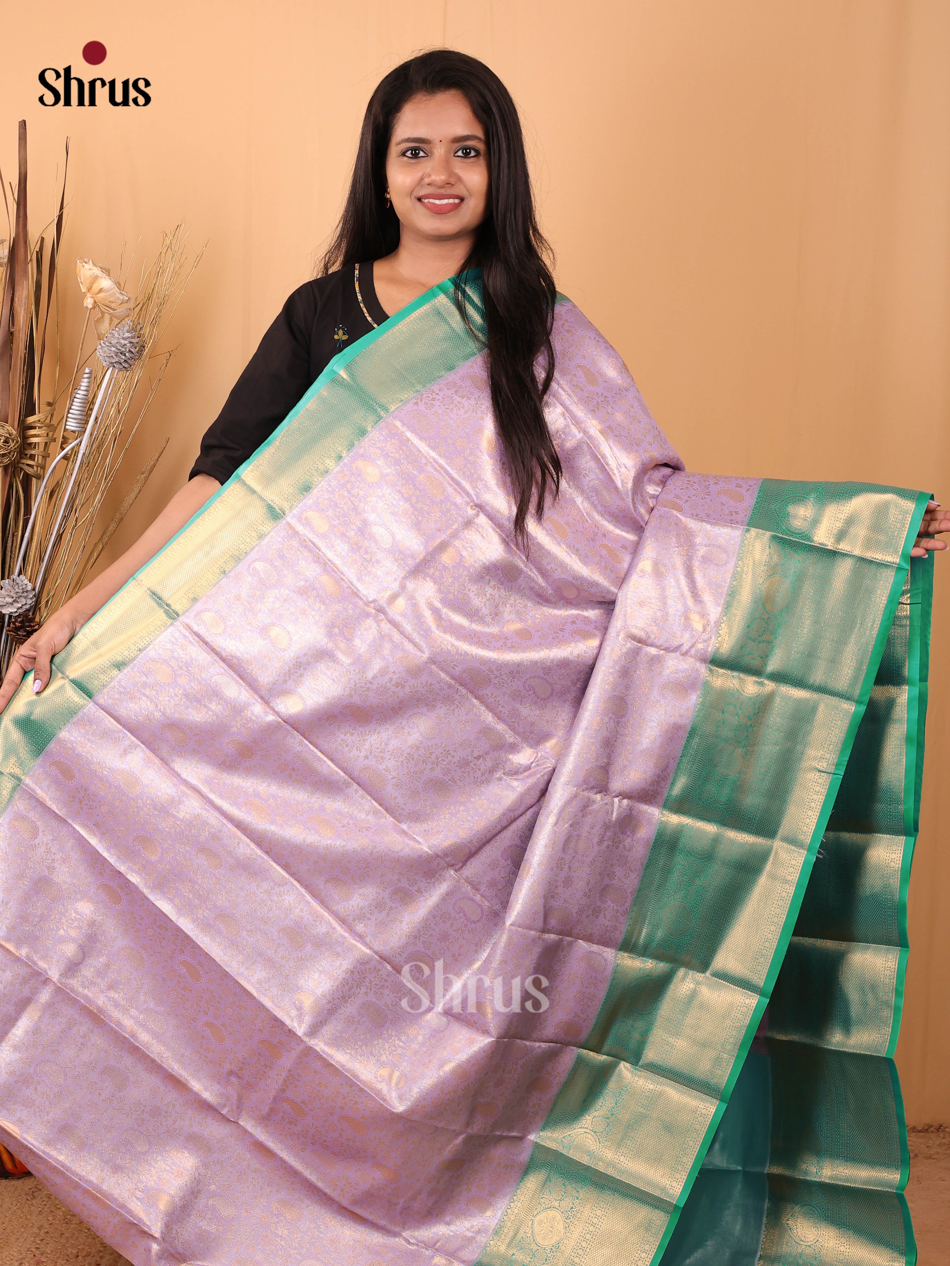 Lavender & Green- Kanchipuram-halfpure Saree - Shop on Shrus.com