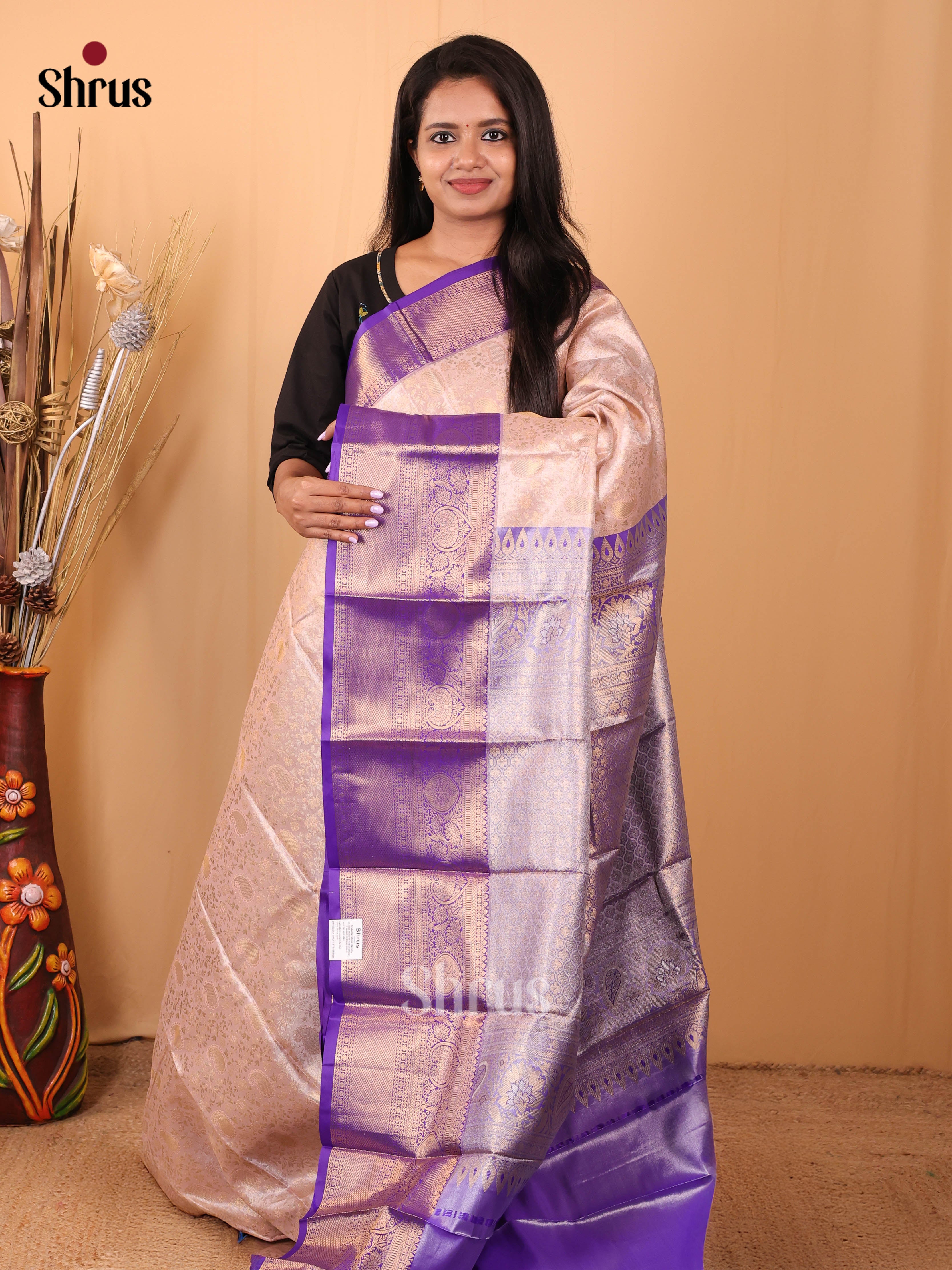 Cream & Purple- Kanchipuram-halfpure Saree - Shop on Shrus.com