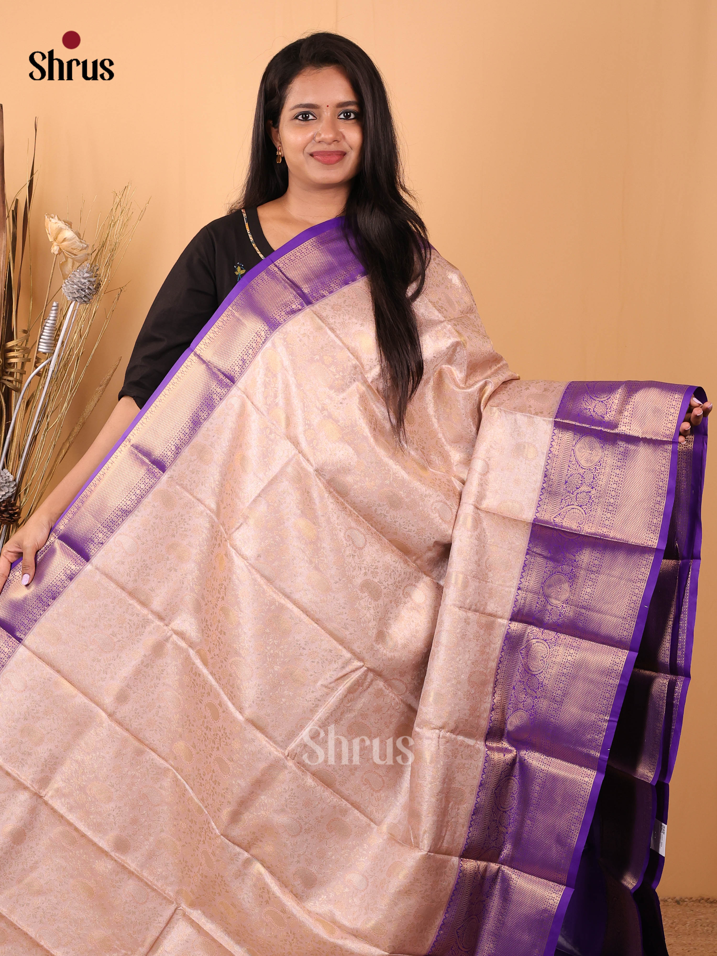 Cream & Purple- Kanchipuram-halfpure Saree - Shop on Shrus.com