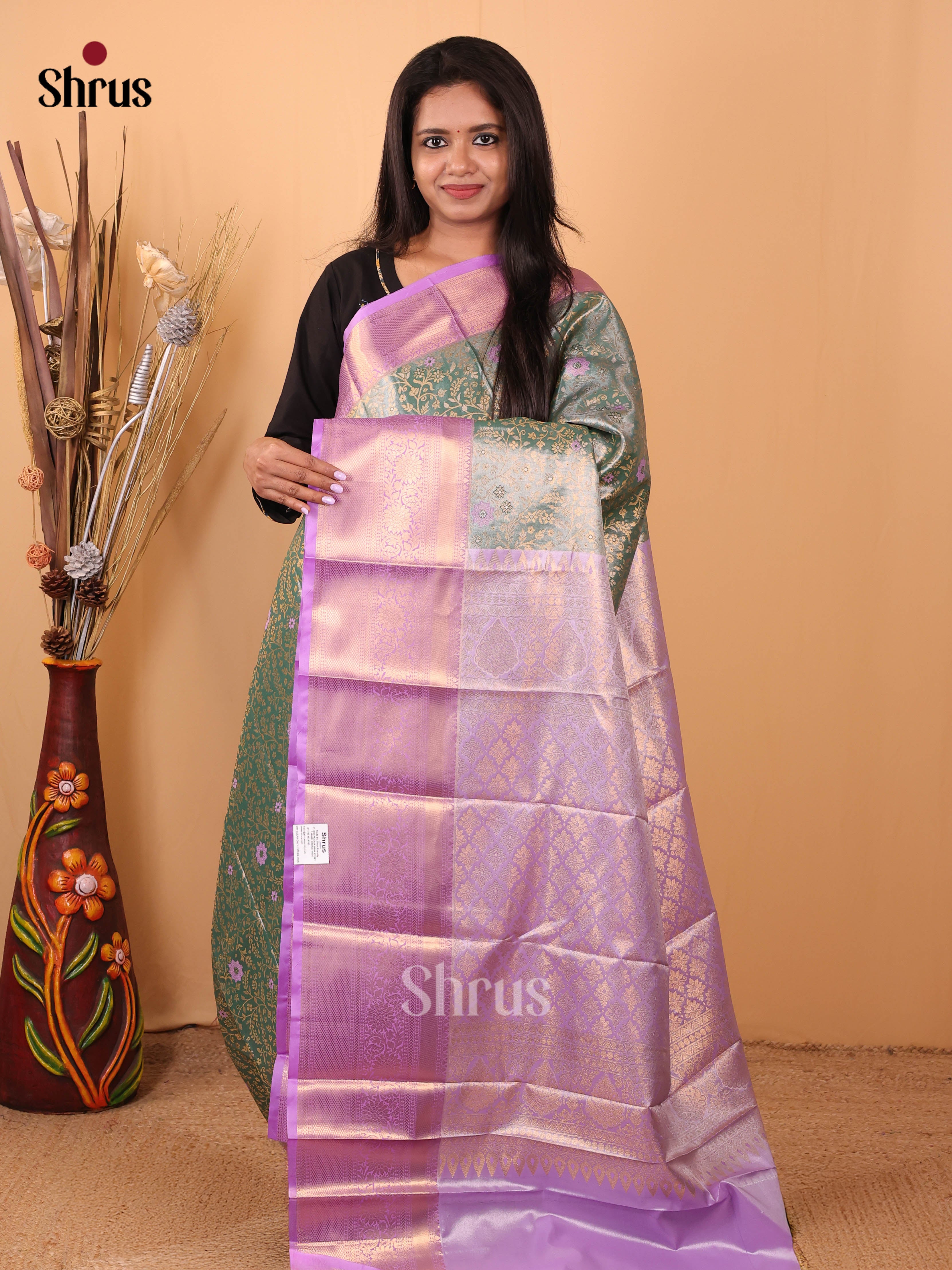 Green & Lavender - Kanchipuram-halfpure Saree - Shop on Shrus.com