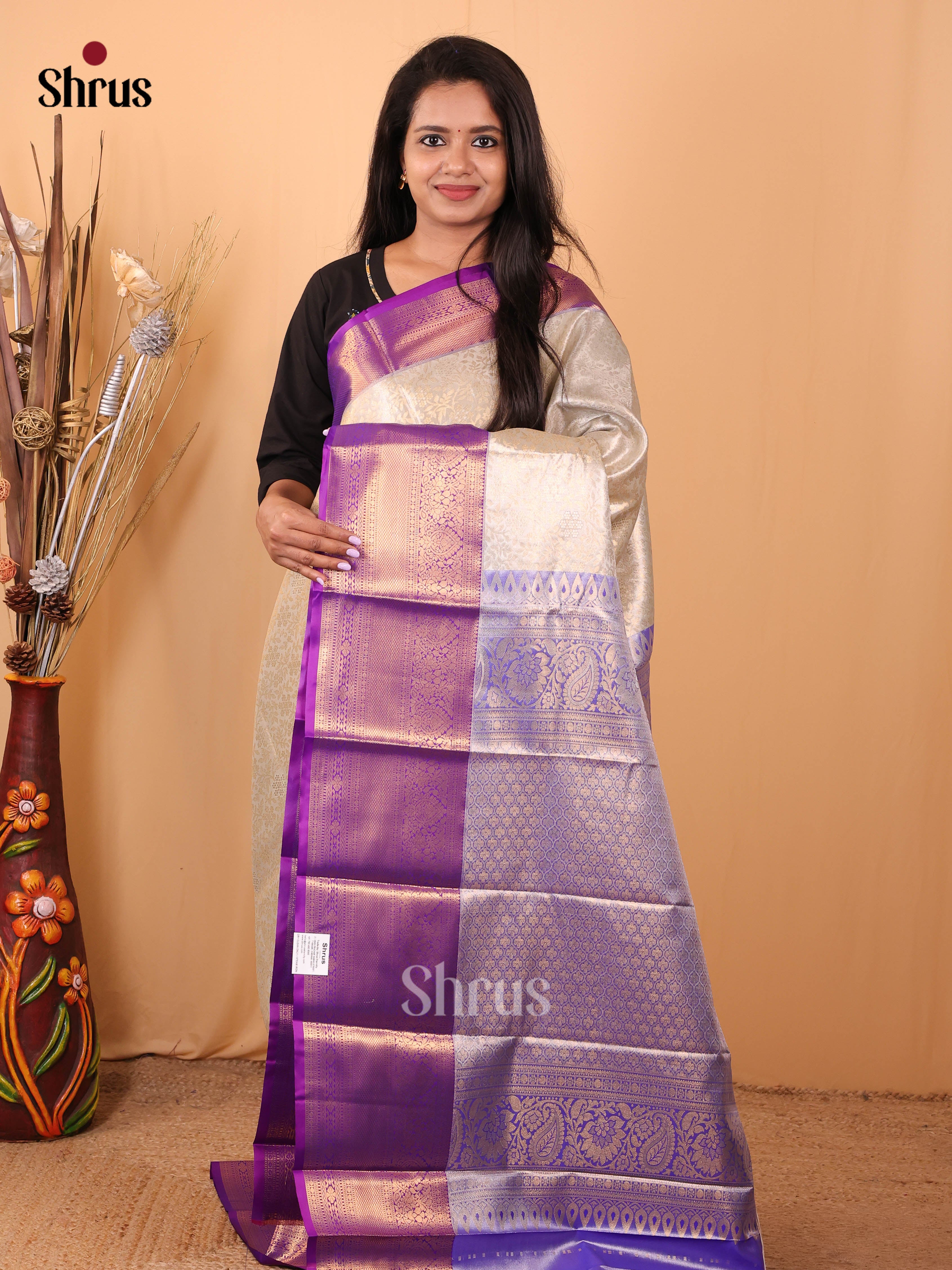 Cream & Purple - Kanchipuram-halfpure Saree - Shop on Shrus.com