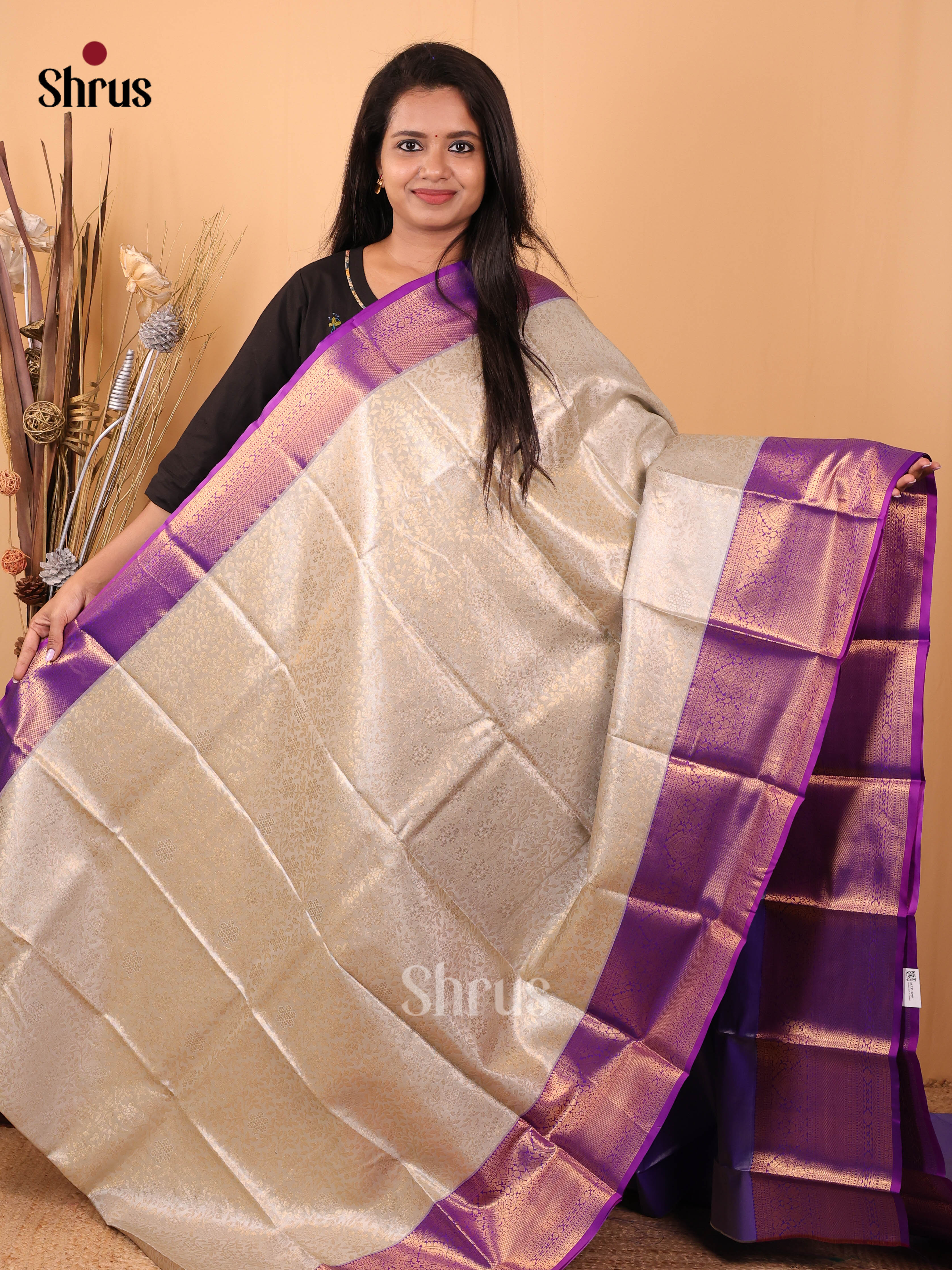 Cream & Purple - Kanchipuram-halfpure Saree - Shop on Shrus.com