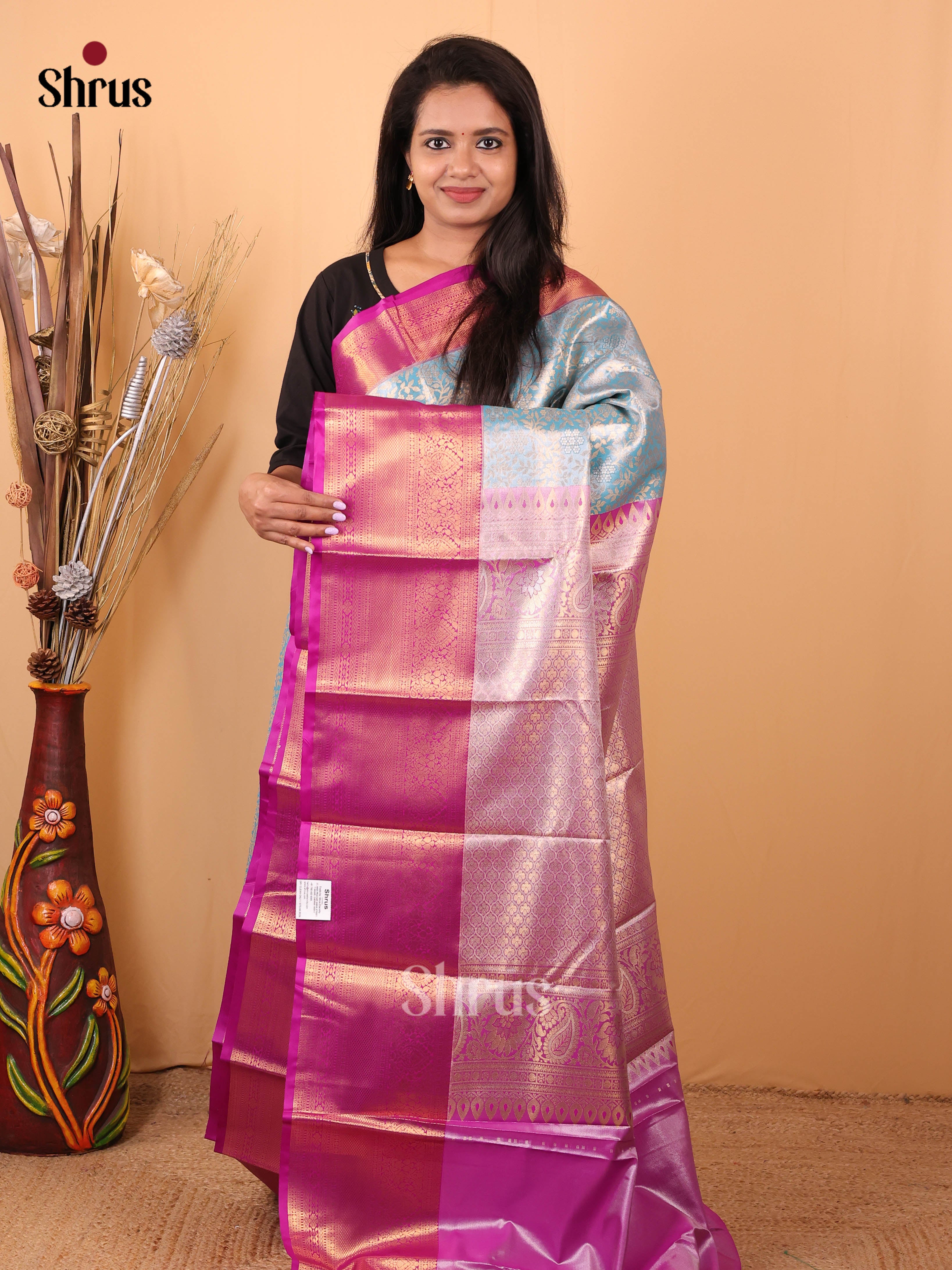 Blue &  Purple- Kanchipuram-halfpure Saree - Shop on Shrus.com