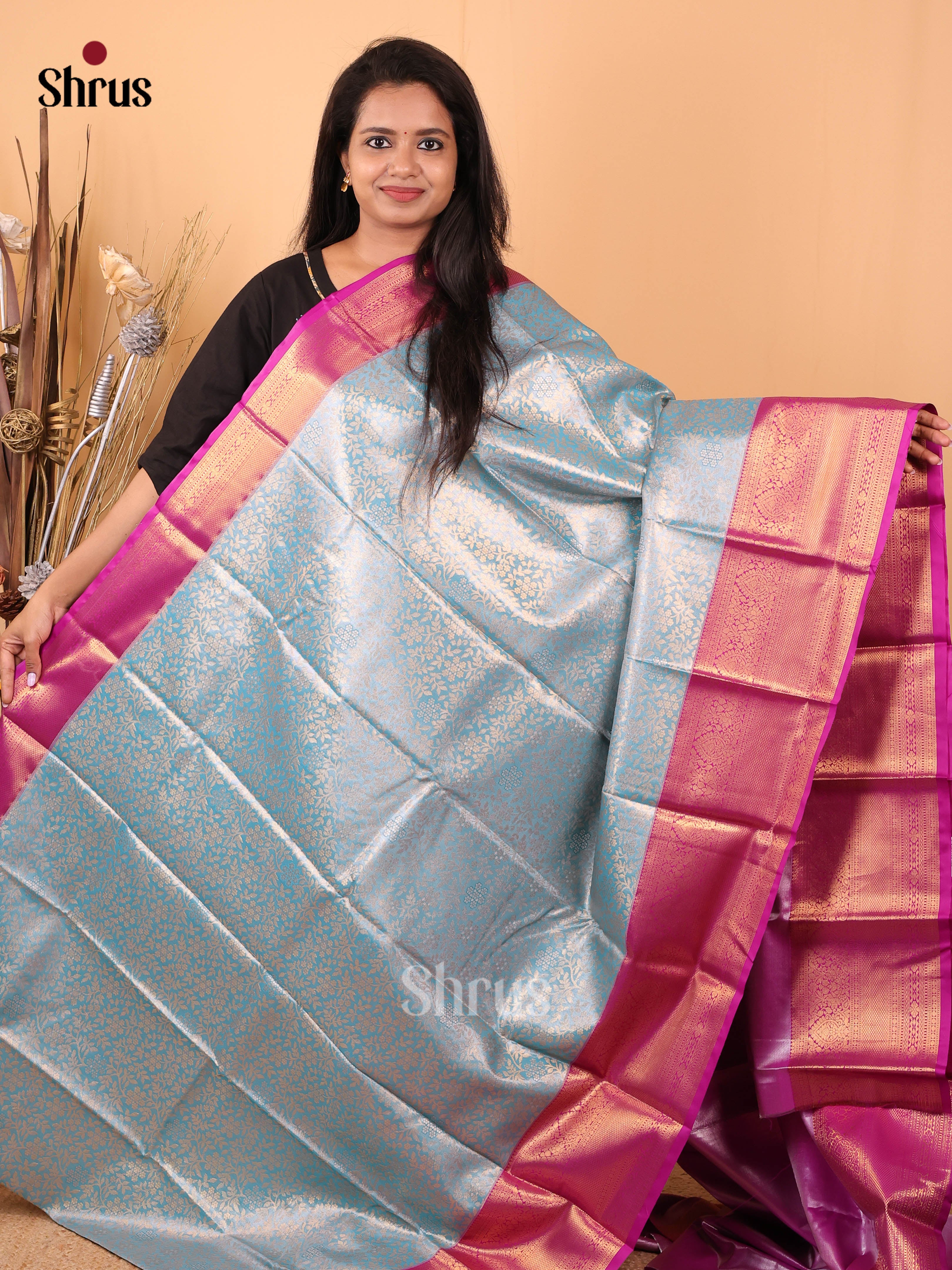 Blue &  Purple- Kanchipuram-halfpure Saree - Shop on Shrus.com