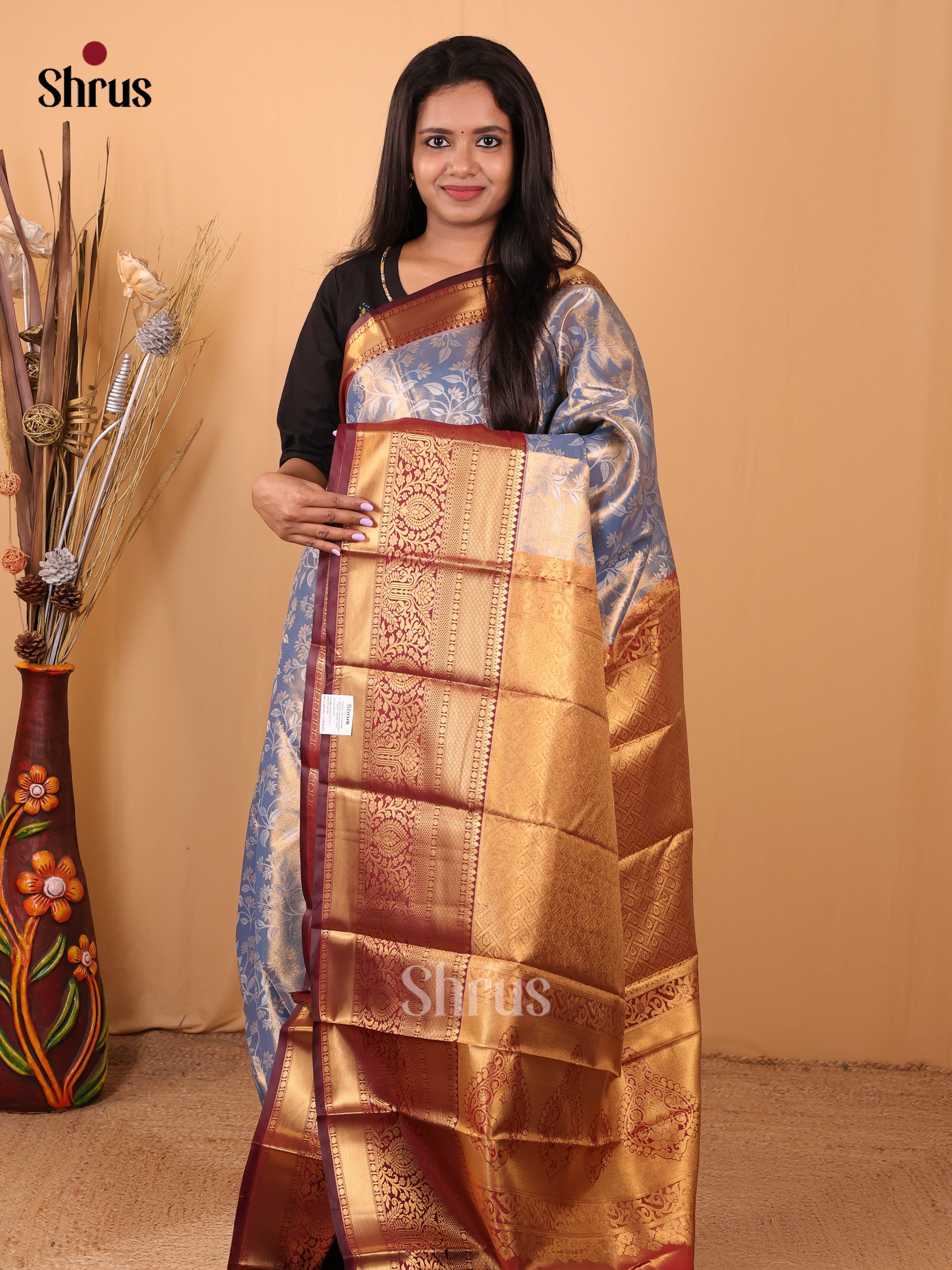 Blue & Maroon - Kanchipuram-halfpure Saree - Shop on Shrus.com
