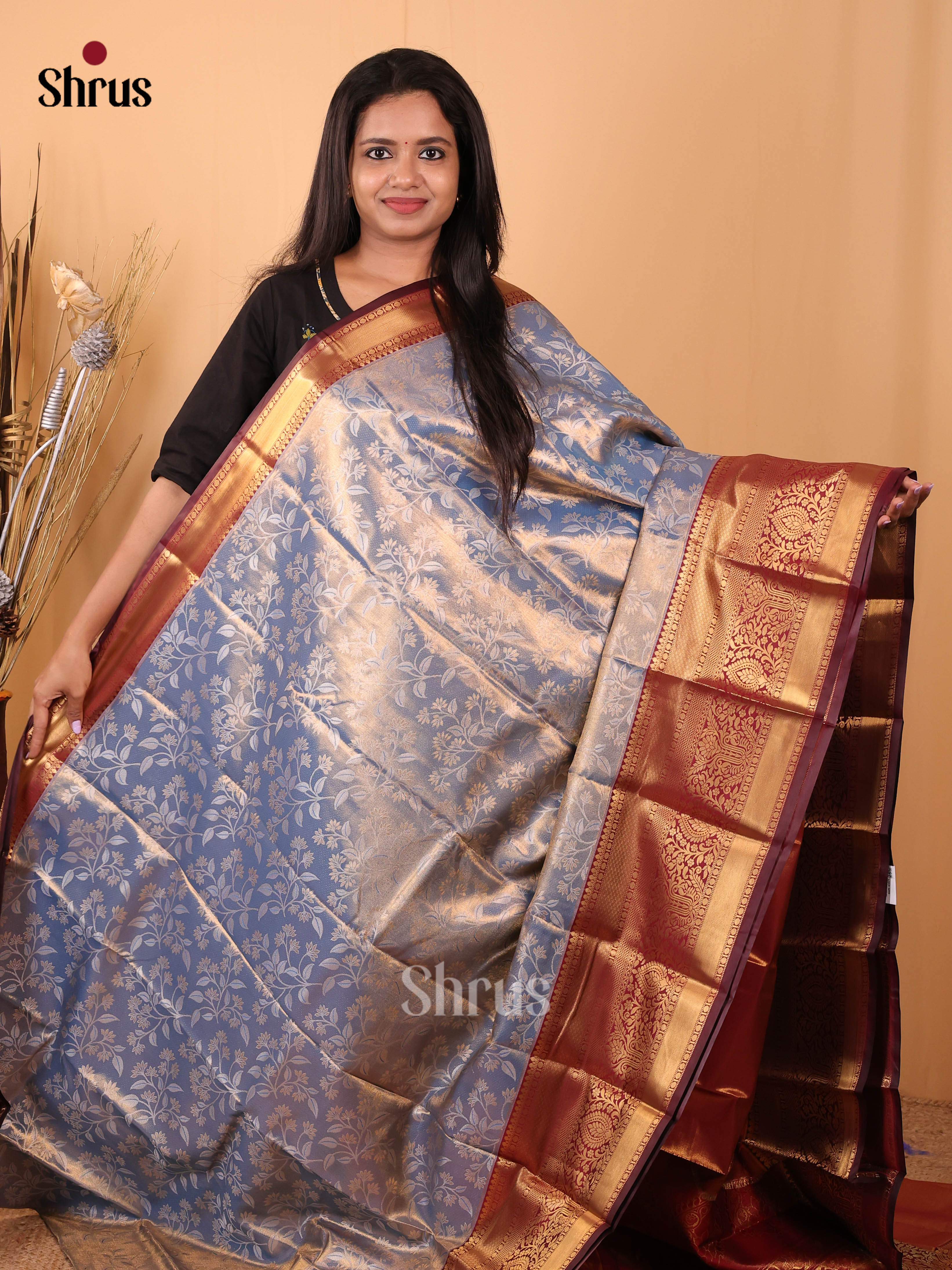 Blue & Maroon - Kanchipuram-halfpure Saree - Shop on Shrus.com