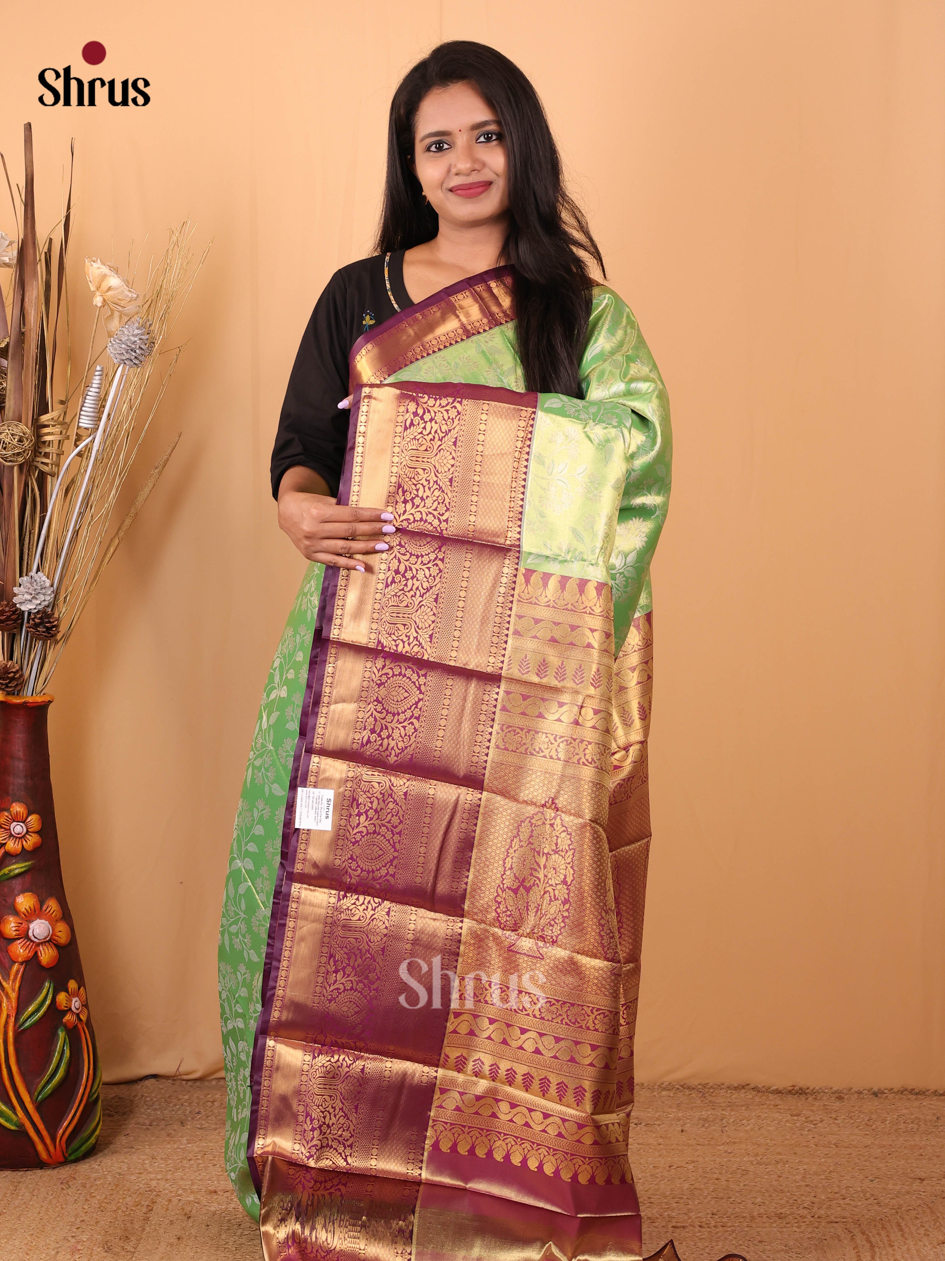 Green & Purple  - Kanchipuram-halfpure Saree - Shop on Shrus.com