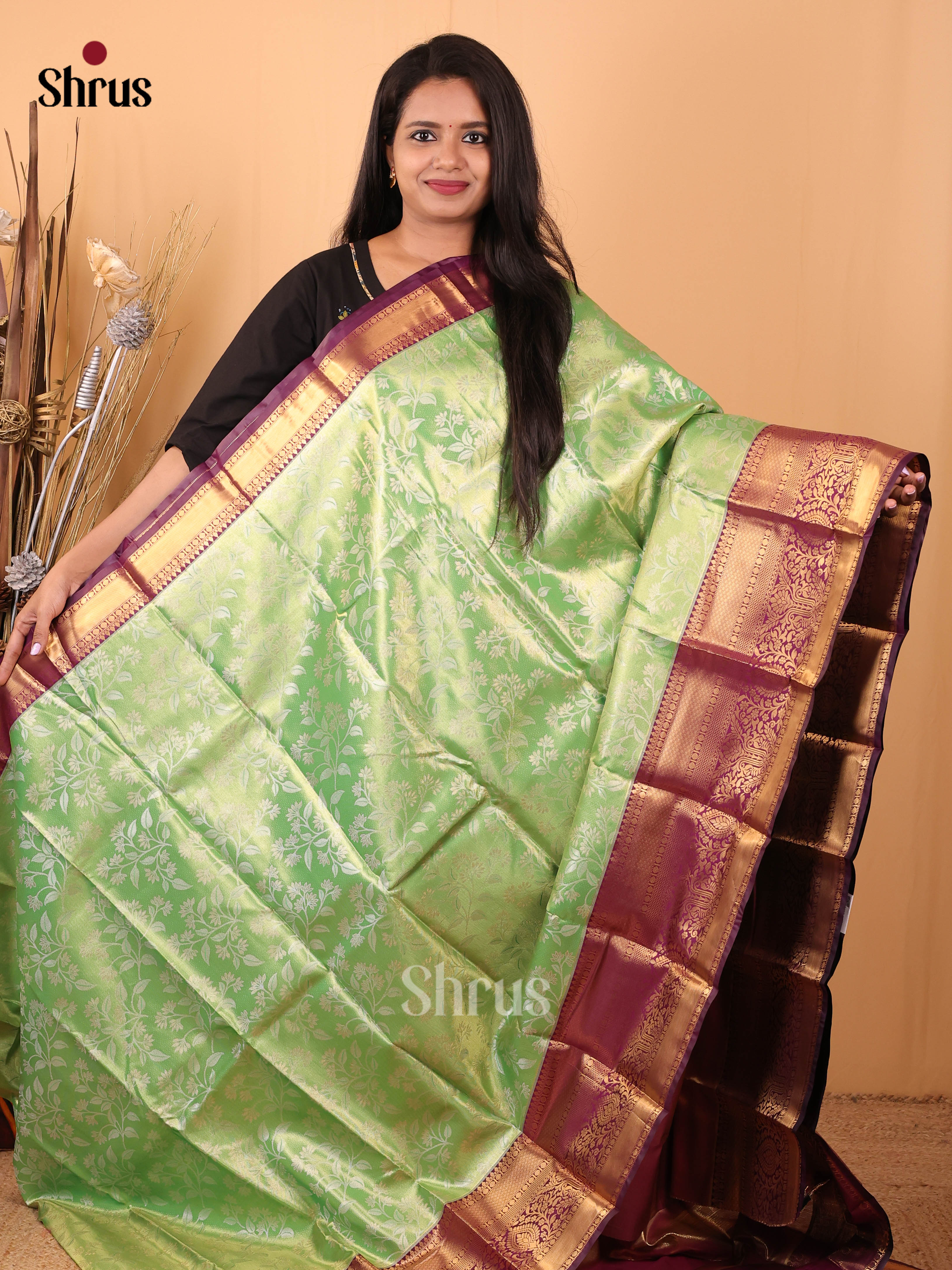 Green & Purple  - Kanchipuram-halfpure Saree - Shop on Shrus.com