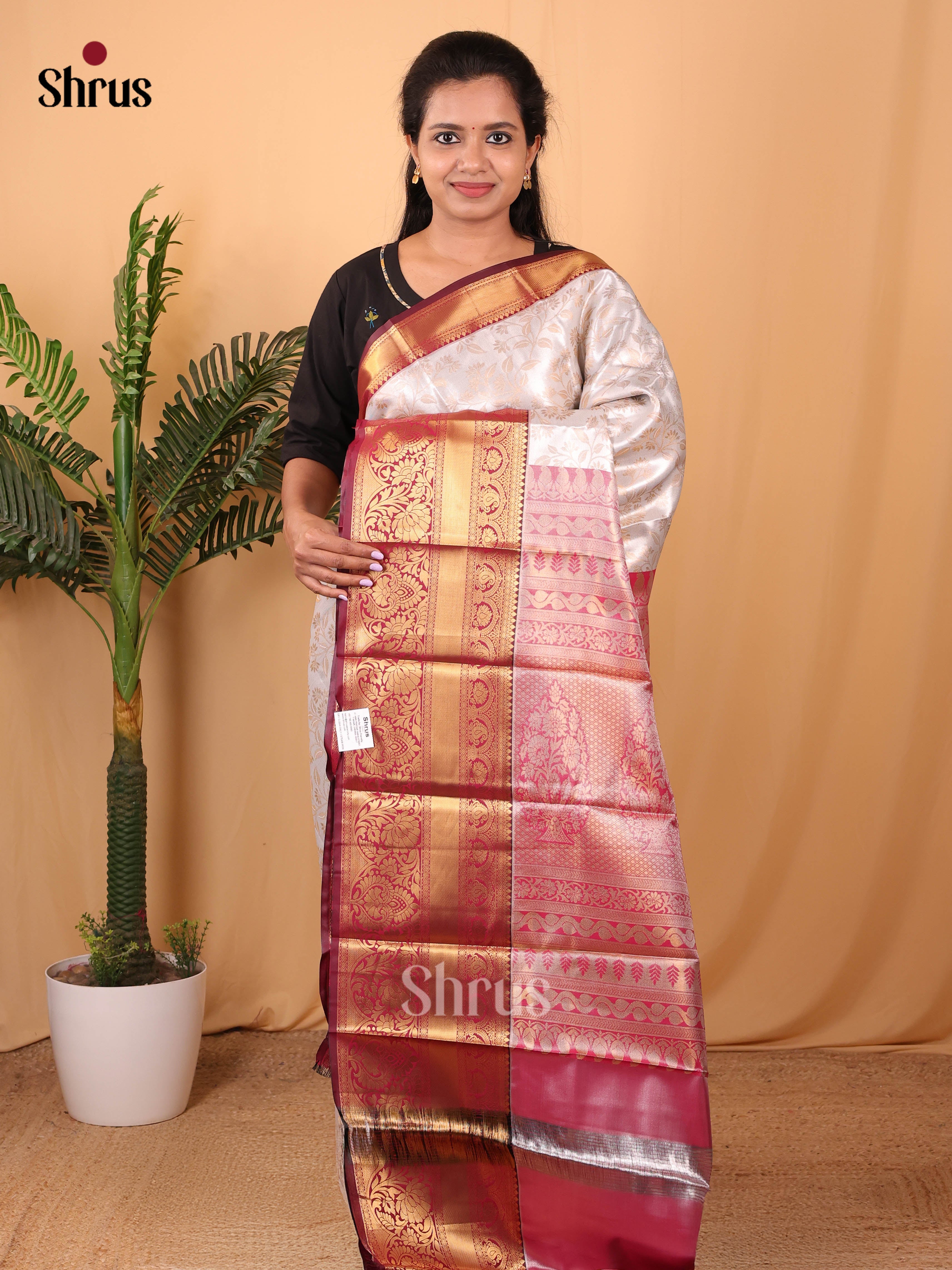 White & Maroon - Kanchipuram-halfpure Saree - Shop on Shrus.com